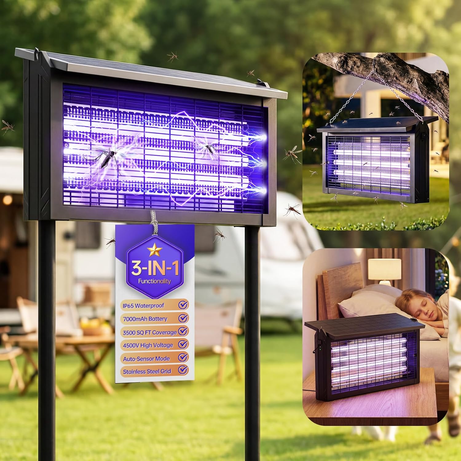 Cortador de mosquitos alimentado por energía solar, matador de insectos exterior de 4500V con panel solar de 15W, zapper eléctrico inalámbrico impermeable – lámpara recargable para matar mosquitos...