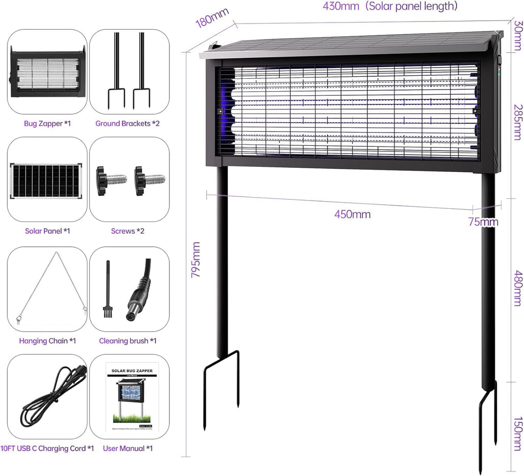 Cortador de mosquitos alimentado por energía solar, matador de insectos exterior de 4500V con panel solar de 15W, zapper eléctrico inalámbrico impermeable – lámpara recargable para matar mosquitos...