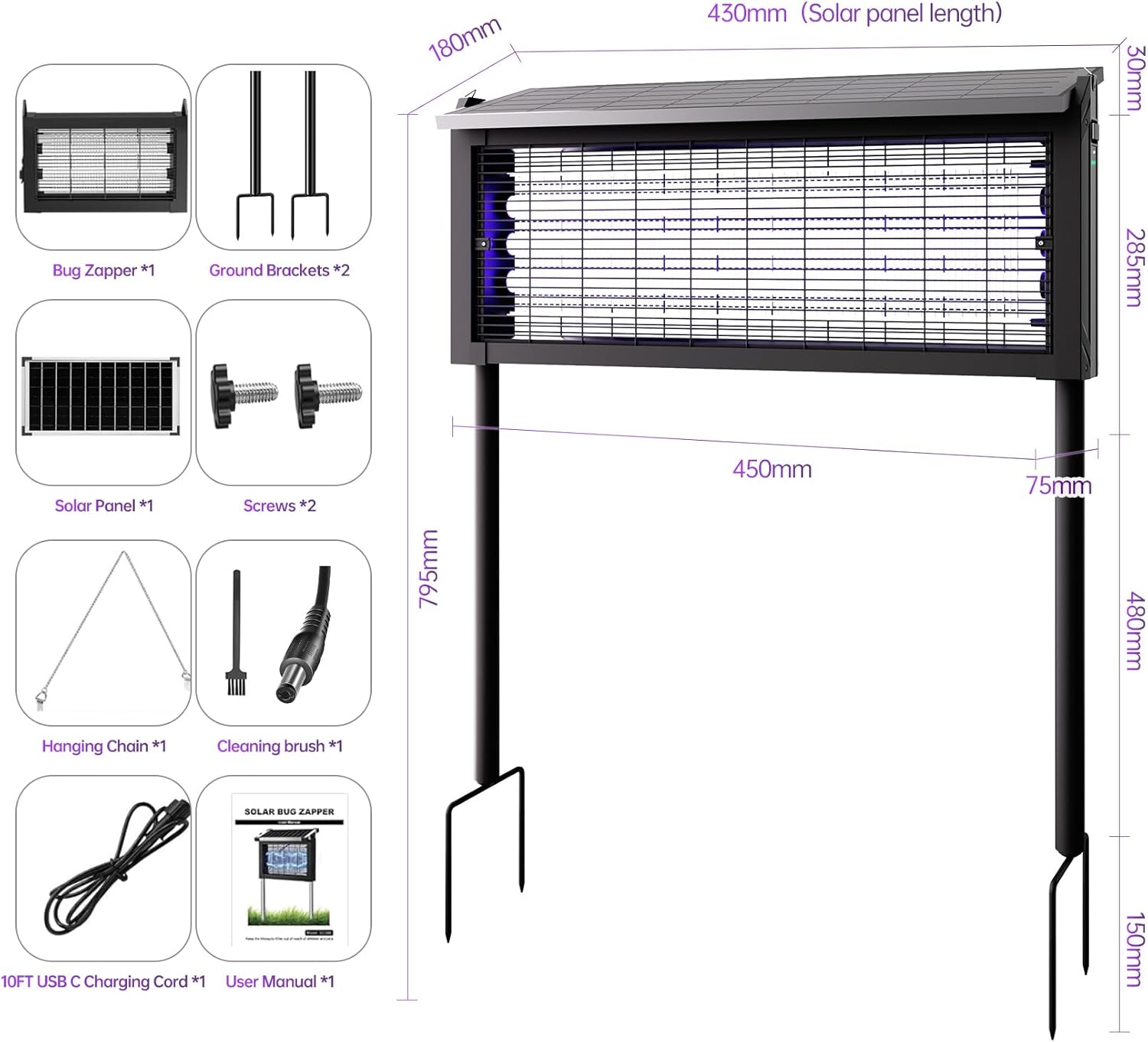 Cortador de mosquitos alimentado por energía solar, matador de insectos exterior de 4500V con panel solar de 15W, zapper eléctrico inalámbrico impermeable – lámpara recargable para matar mosquitos...