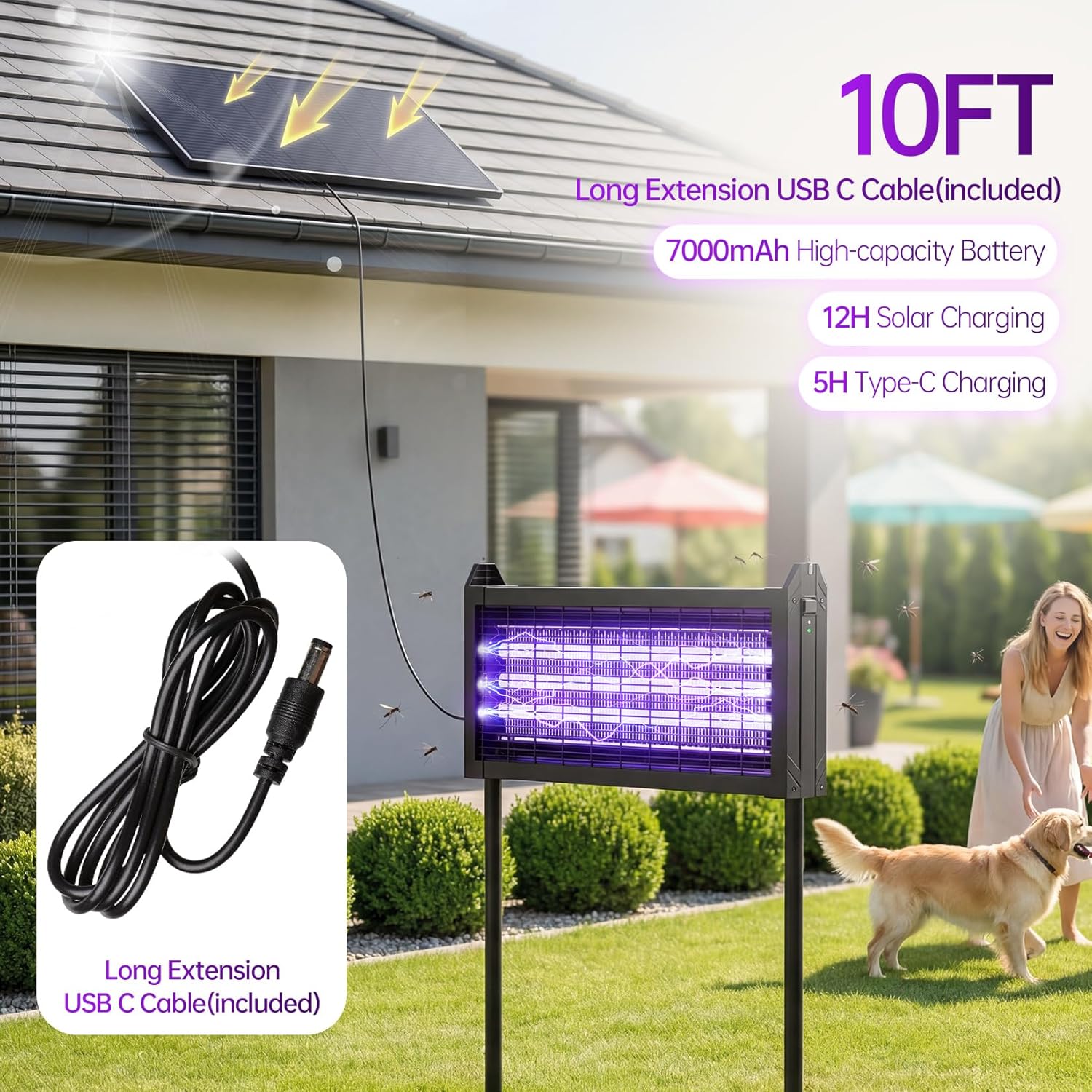 Cortador de mosquitos alimentado por energía solar, matador de insectos exterior de 4500V con panel solar de 15W, zapper eléctrico inalámbrico impermeable – lámpara recargable para matar mosquitos...