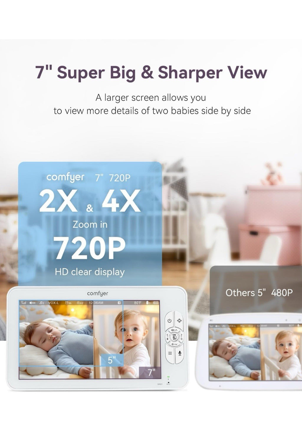 7" Split-Screen Baby Monitor with 2 1080P Cameras, 720P HD No Wifi Monitor with1