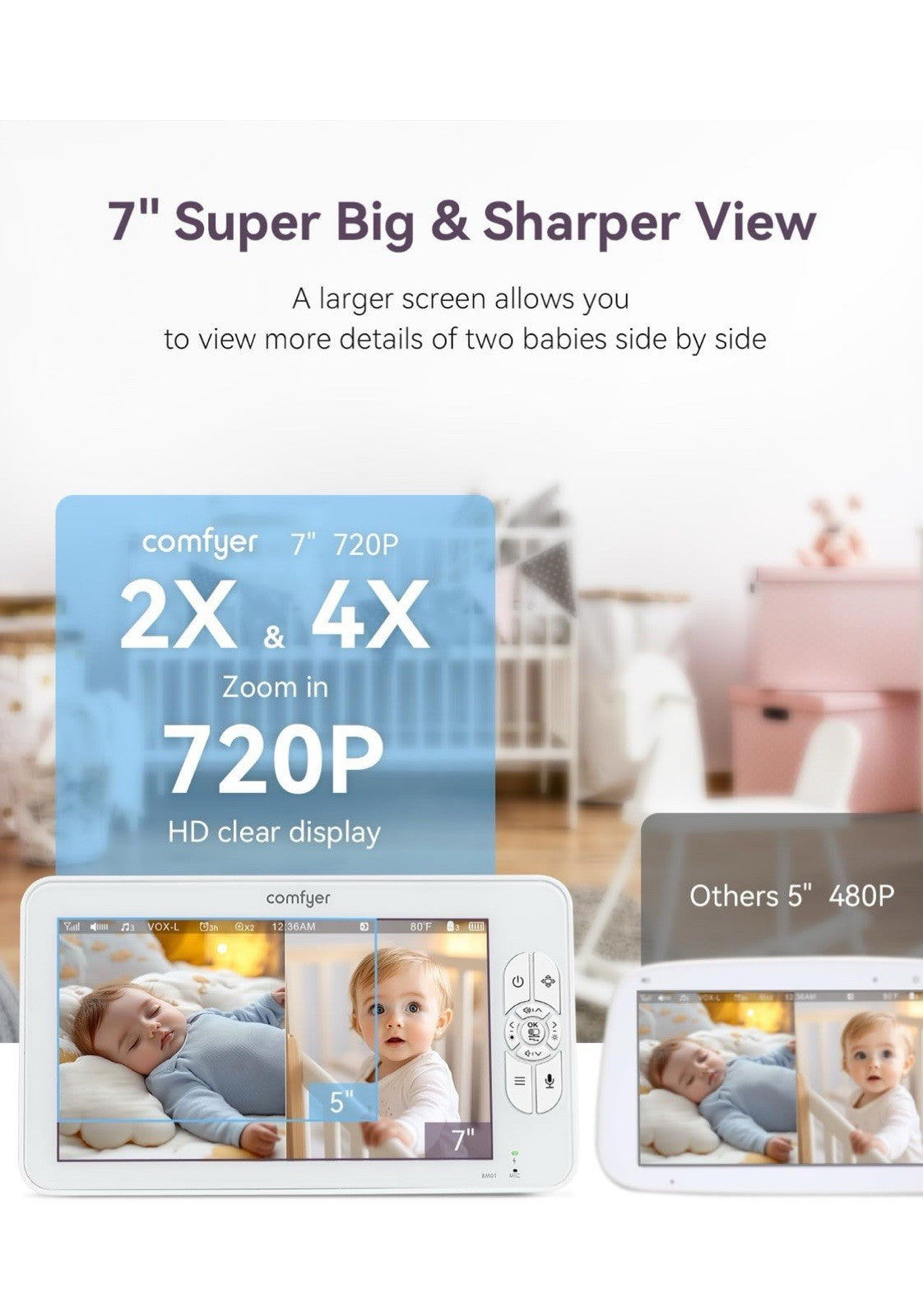 7" Split-Screen Baby Monitor with 2 1080P Cameras, 720P HD No Wifi Monitor with1