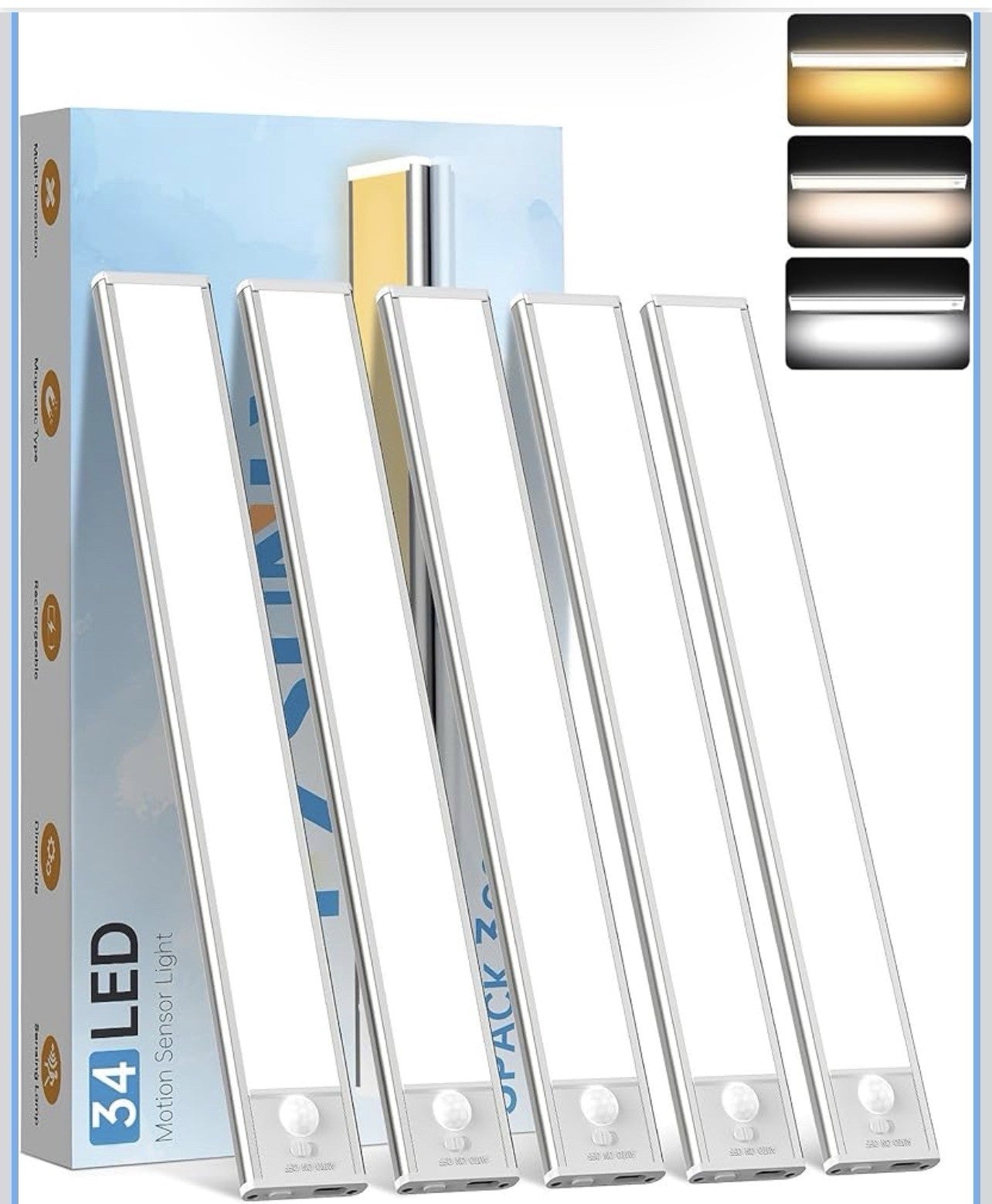 5 Pack Under Cabinet Lighting,Rechargeable Motion Sensor Light Indoor,3 Colors D0