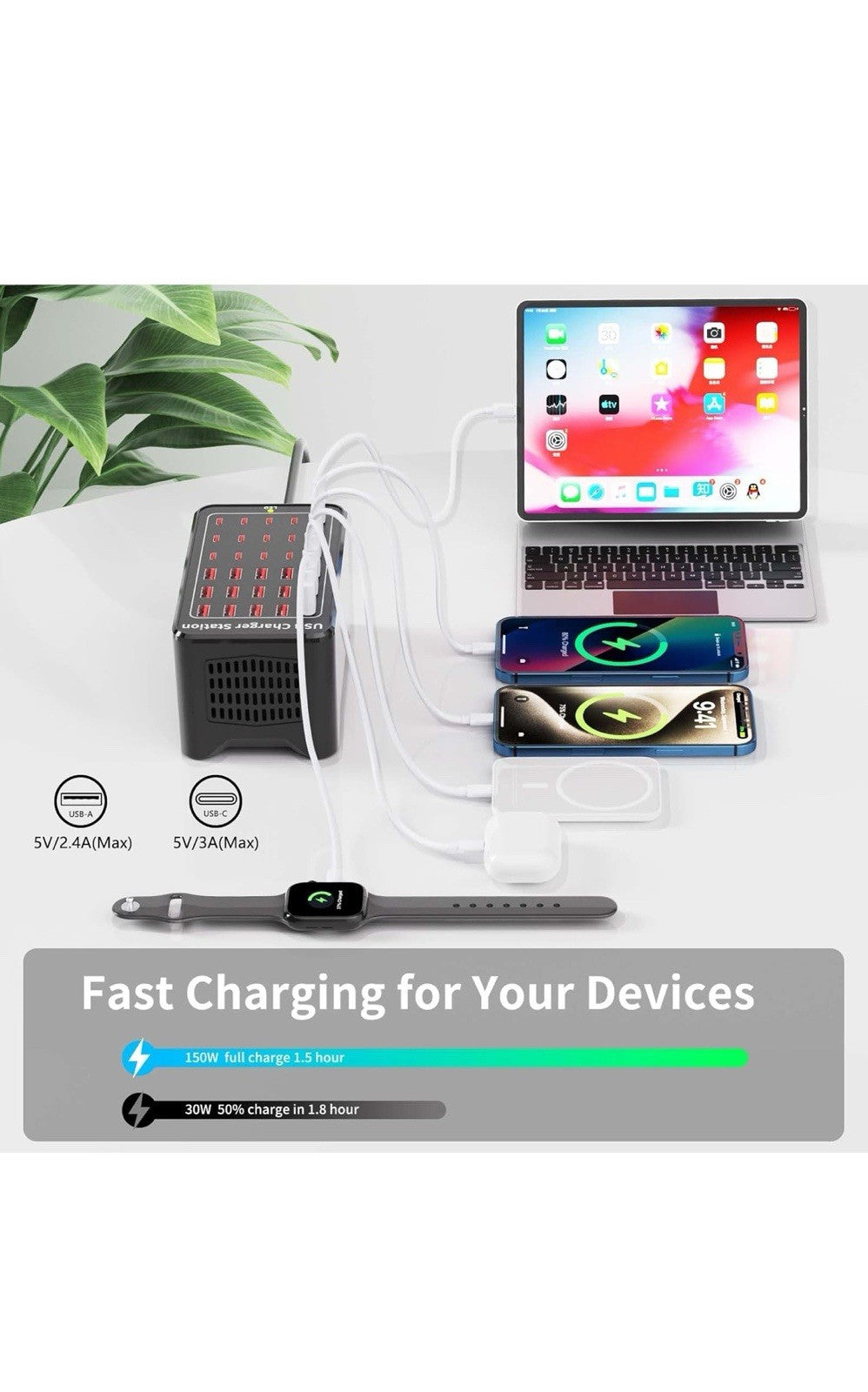 Estación de carga USB de 150 W (30 A), bloque de cargador USB C de 30 puertos2