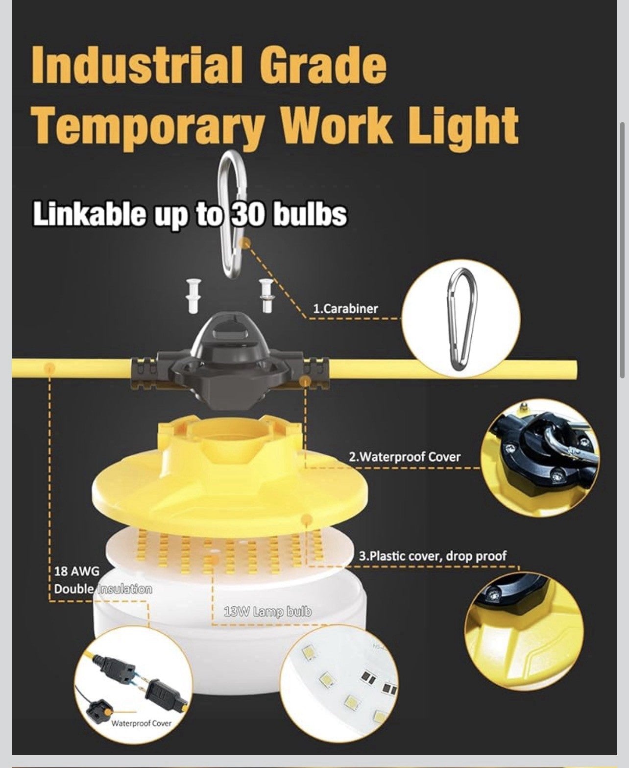 LED Construction String Light 100FT, 130W 16000Lm 100FT 2Prong, White 2