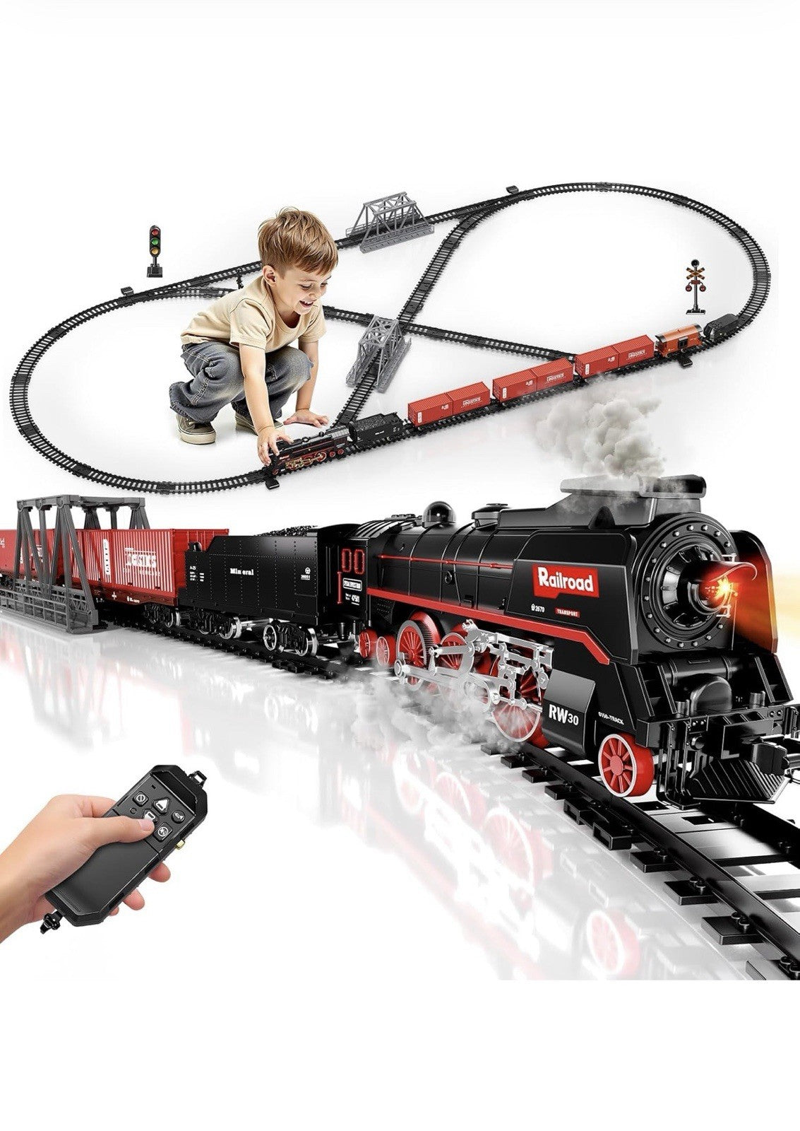 Large Train Set with Remote, 3Way Smoke, Light and Sound, Boy Gift Electric Tra0