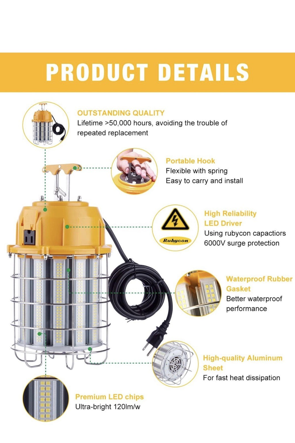 Luz de trabajo temporal LED de 100 W, luces de construcción, 12,000 lm, 5000 K,1