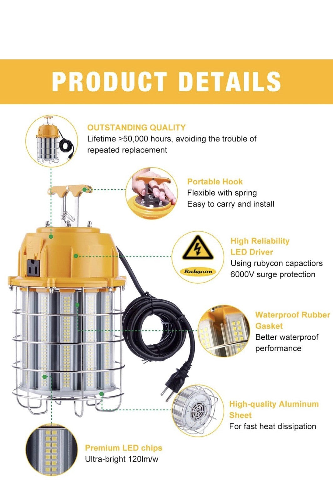 Luz de trabajo temporal LED de 100 W, luces de construcción, 12,000 lm, 5000 K,1
