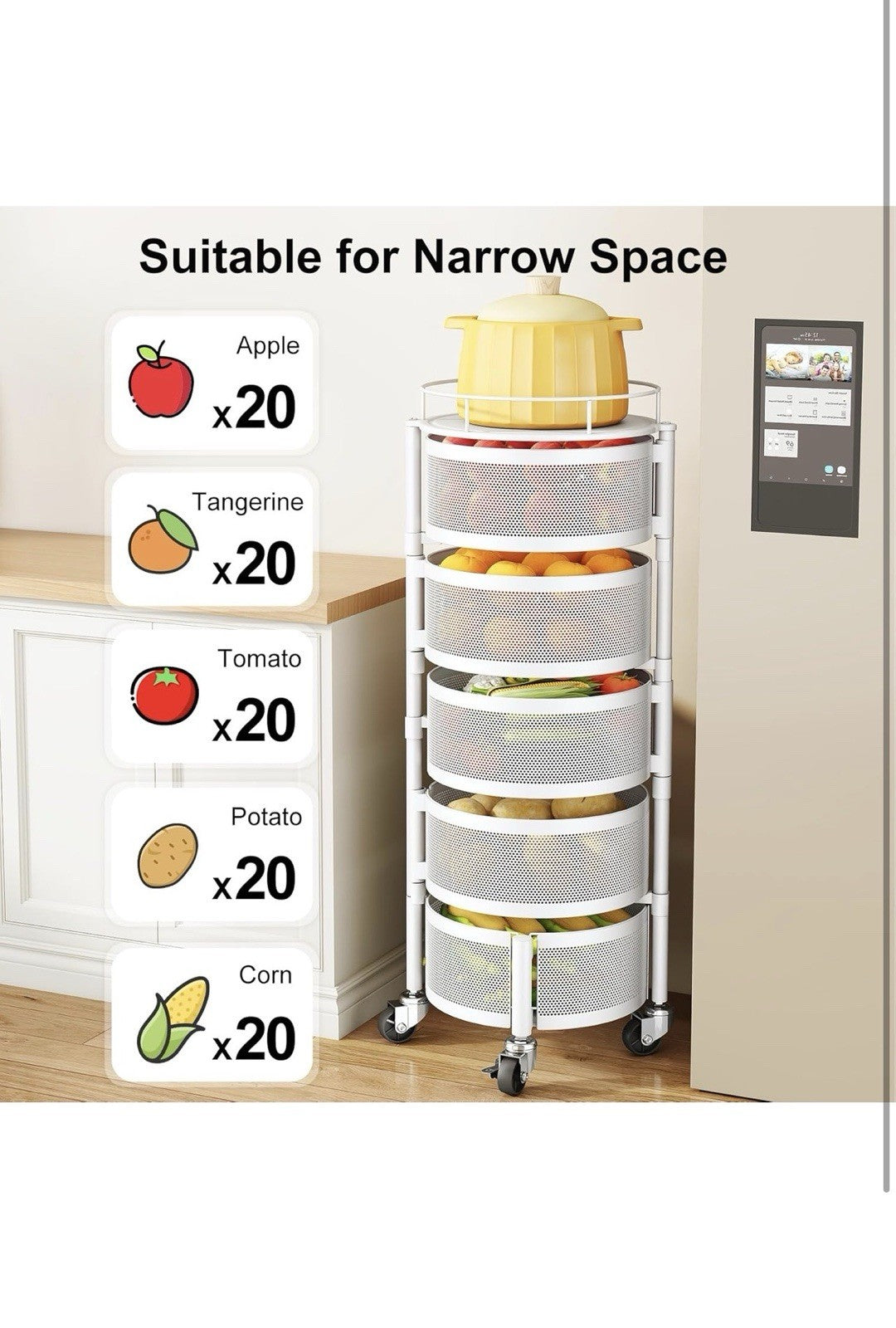 SAYZH Fruit Vegetable Basket for Kitchen, Rotating Storage Rack, 5 Tier Rolling 3