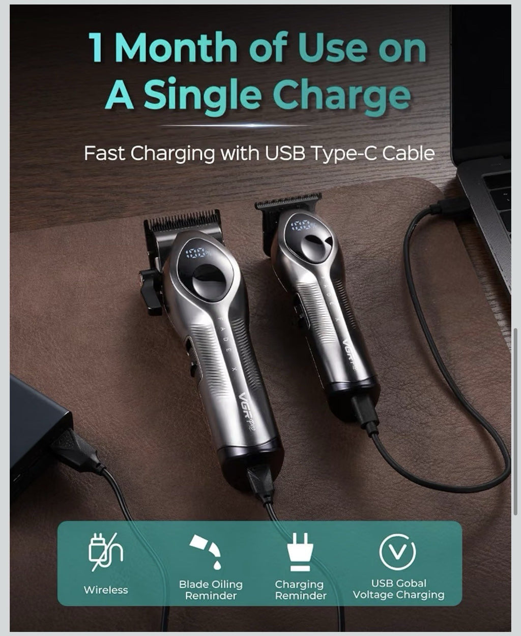 Cordless Hair Clipper Trimmer Set 9 Guide Combs Fade Blade USB-C Rechargeable4