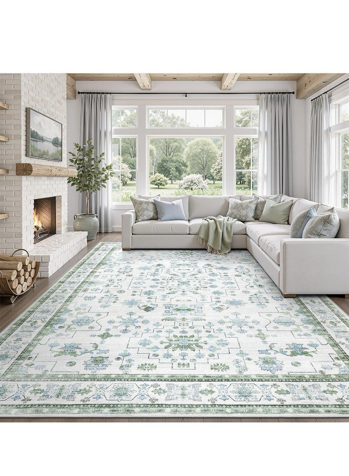 DCX Green Washable 10x14 Rug Vintage Boho Floral Rug Kid & Pet Friendly with Ru0