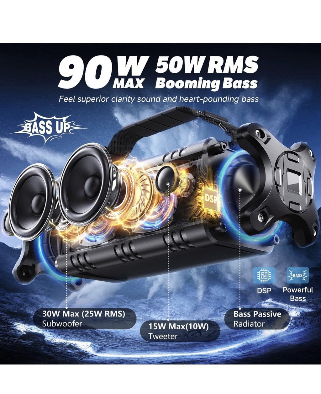 W-KING Bluetooth Speaker, 90W Max Loud IPX6 Waterproof Portable Speaker2