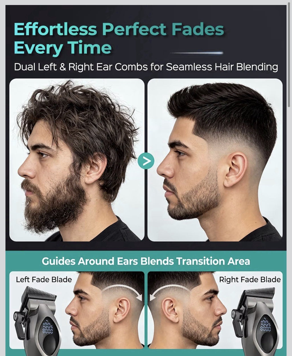 Cordless Hair Clipper Trimmer Set 9 Guide Combs Fade Blade USB-C Rechargeable2