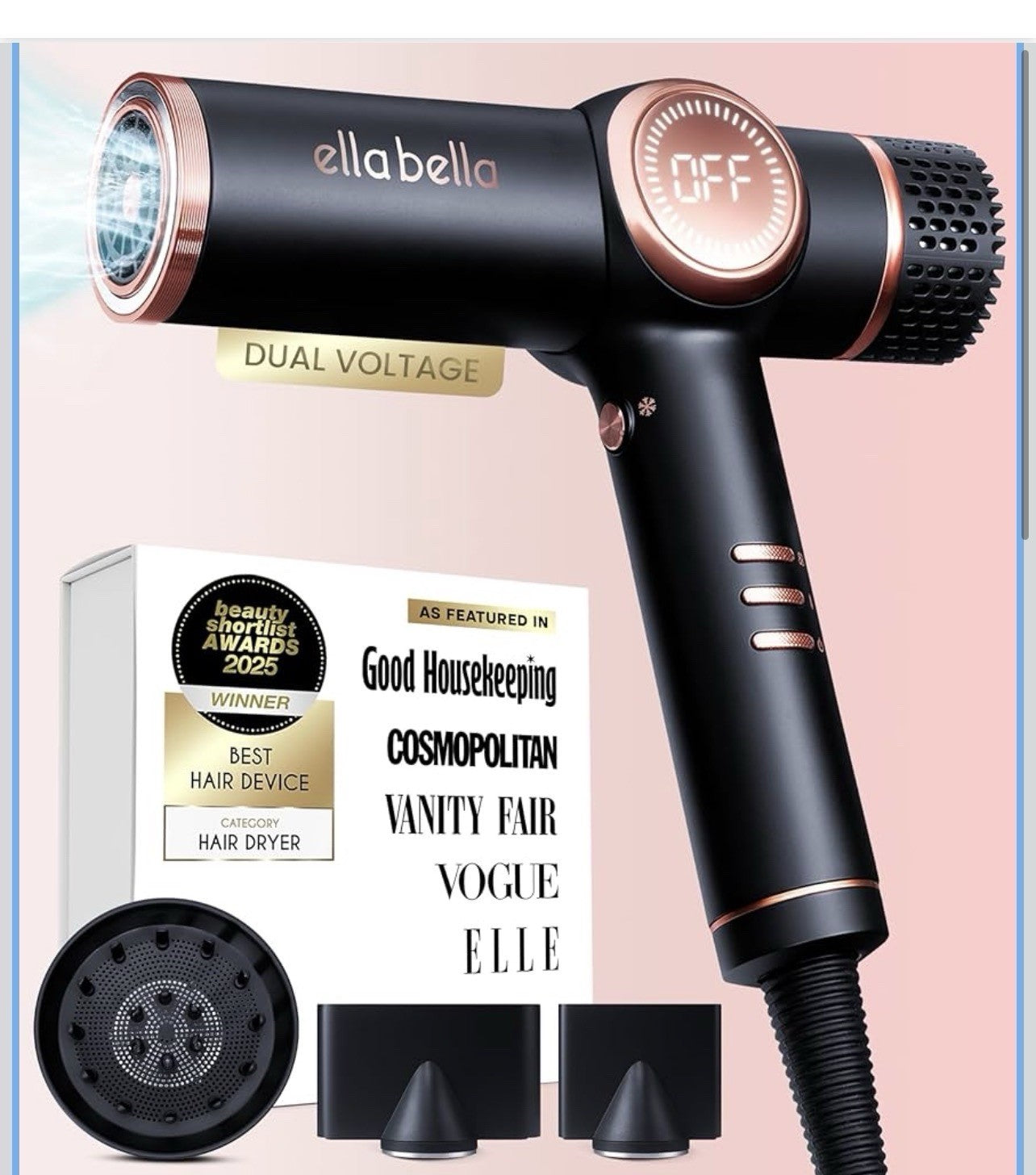 ELLA BELLA Professional Ionic Hair Dryer with Diffuser  Negative Ion Black 0