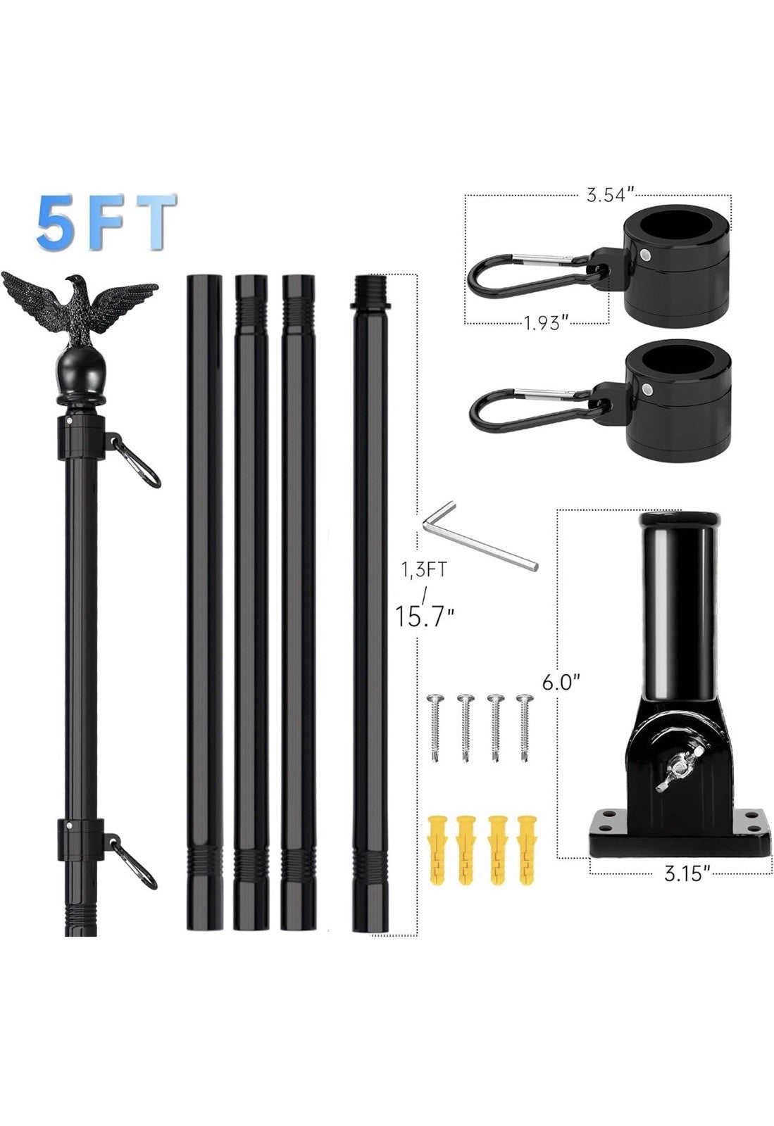 LETSTRY 5FT Flag Pole Kit for Outside House with American Flag & Solar Light,1"1