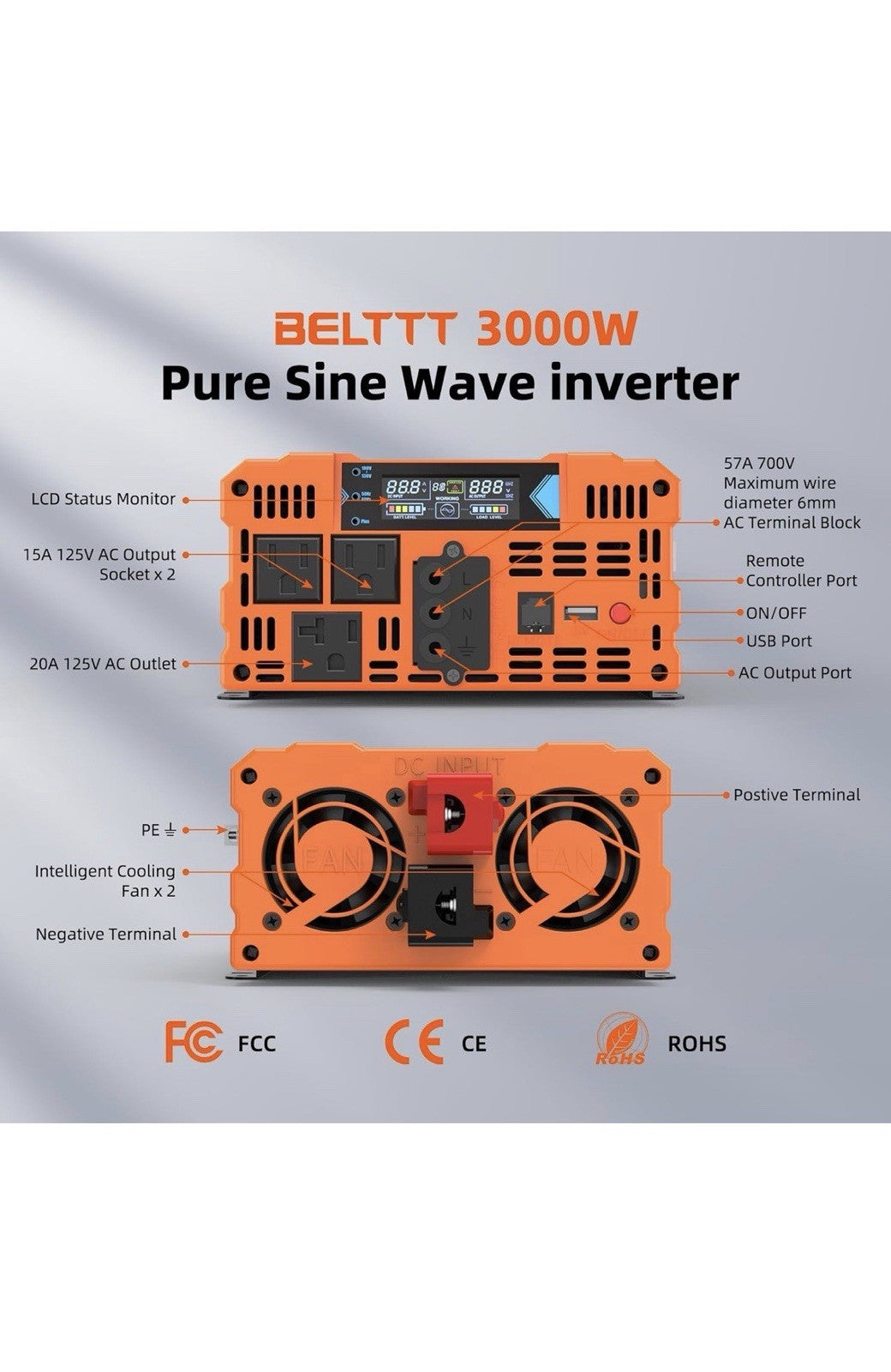 BELTTT 3000W Pure Sine Wave Inverter 12V DC to 120V AC for RV Truck *NEW*6