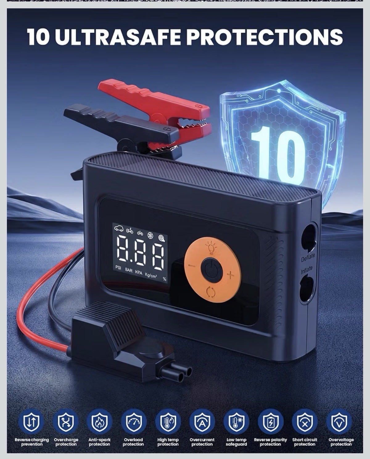 6000A 160PSI 8-in-1 Car Jump Starter with Air Compressor & Air Blower Supports6