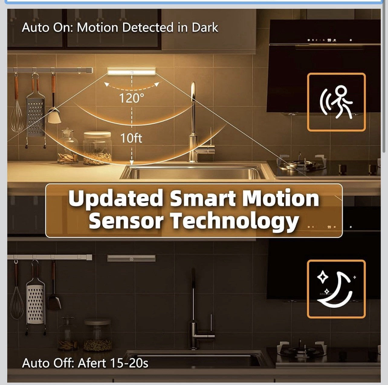 10 luces LED Batería para gabinete con sensor de movimiento (3 Pack)