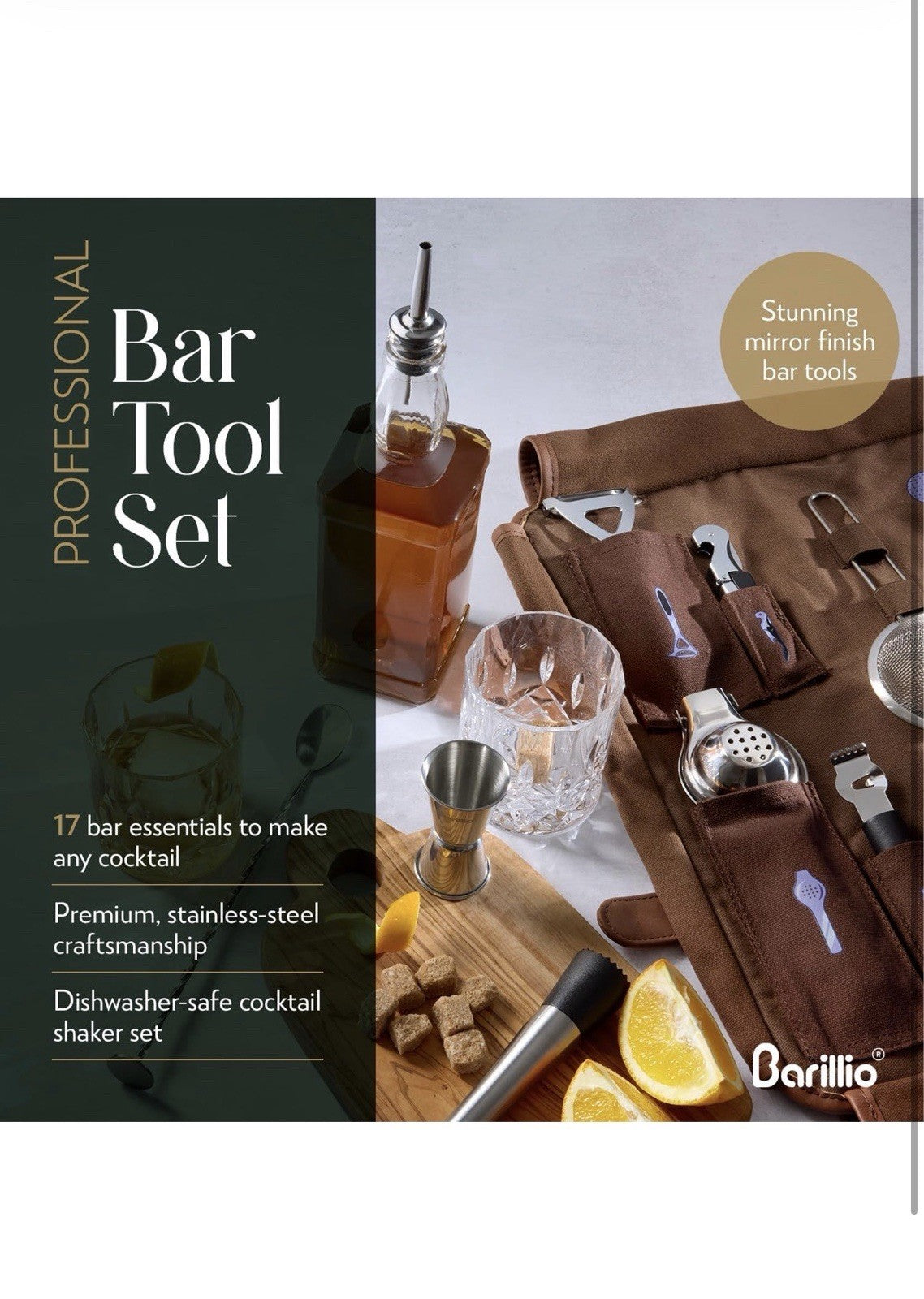 Bartender Kit Bag with 17 Pc Cocktail Tools Waxed Canvas Traveling Bar Barillio3