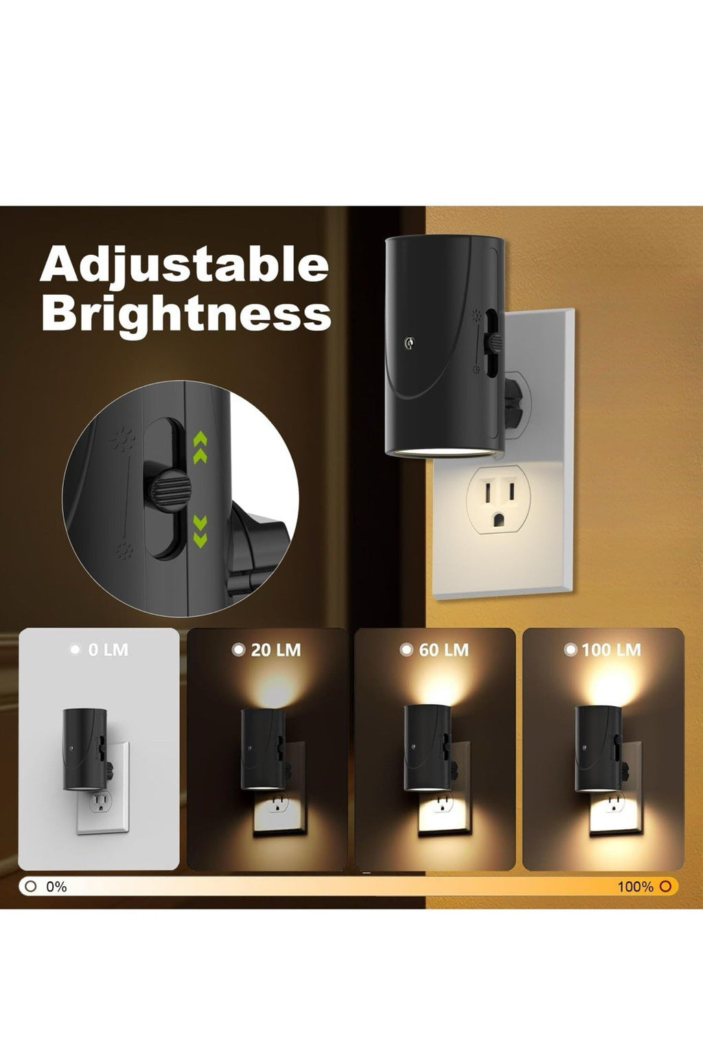 Luz nocturna enchufable, sensor de anochecer a amanecer, brillo ajustable (0-102