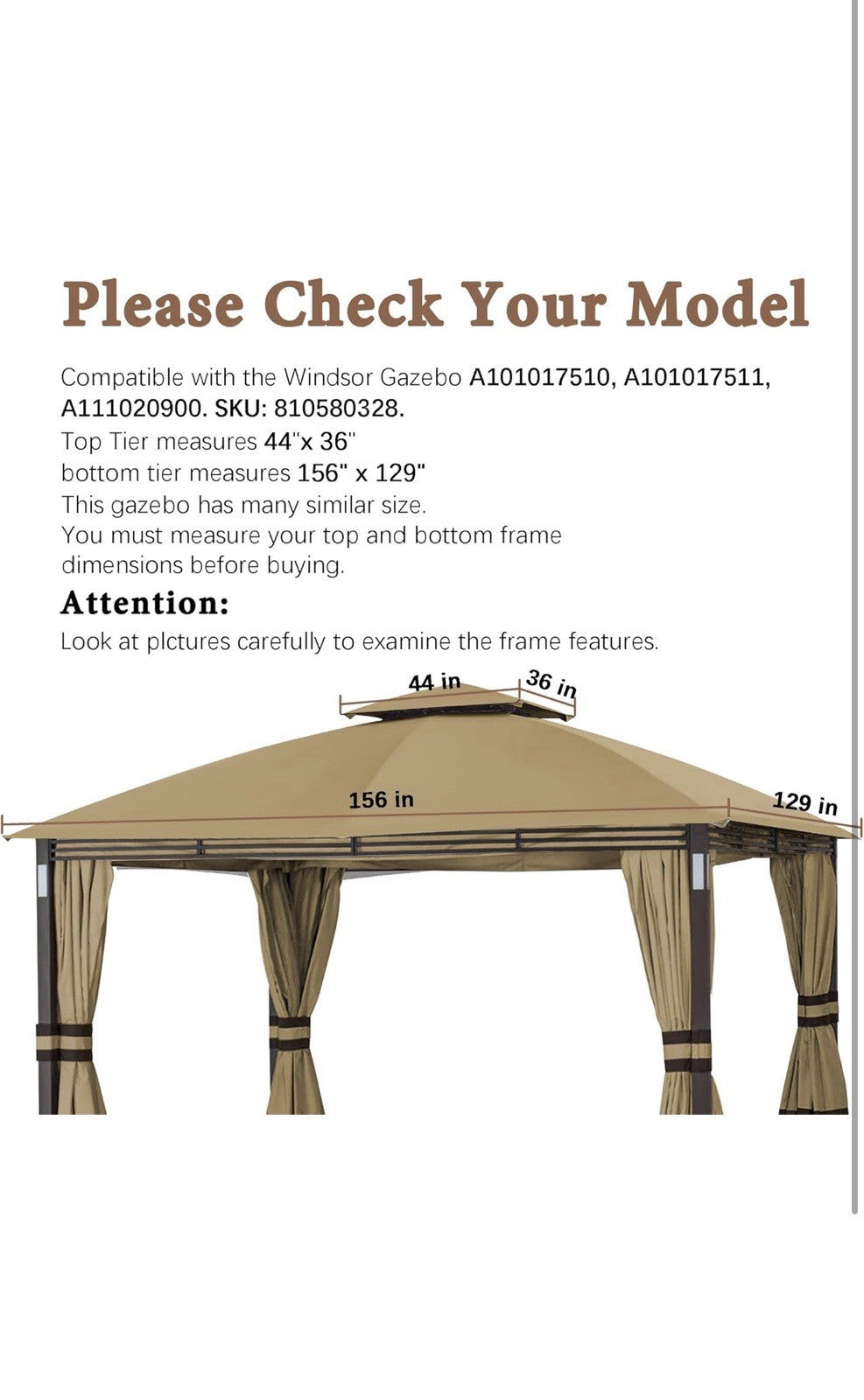 Apex Garden Replacement Canopy for Lowe's Allen Roth 10x12 Inch Gazebo - Beige1