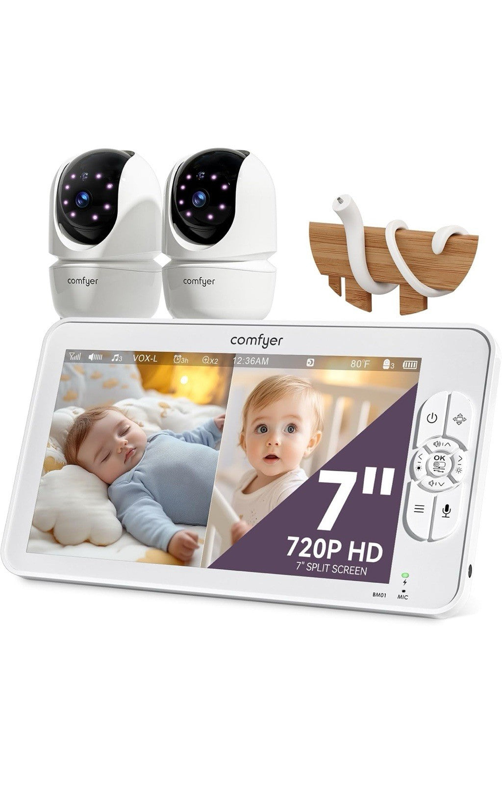 7" Split-Screen Baby Monitor with 2 1080P Cameras, 720P HD No Wifi Monitor with0