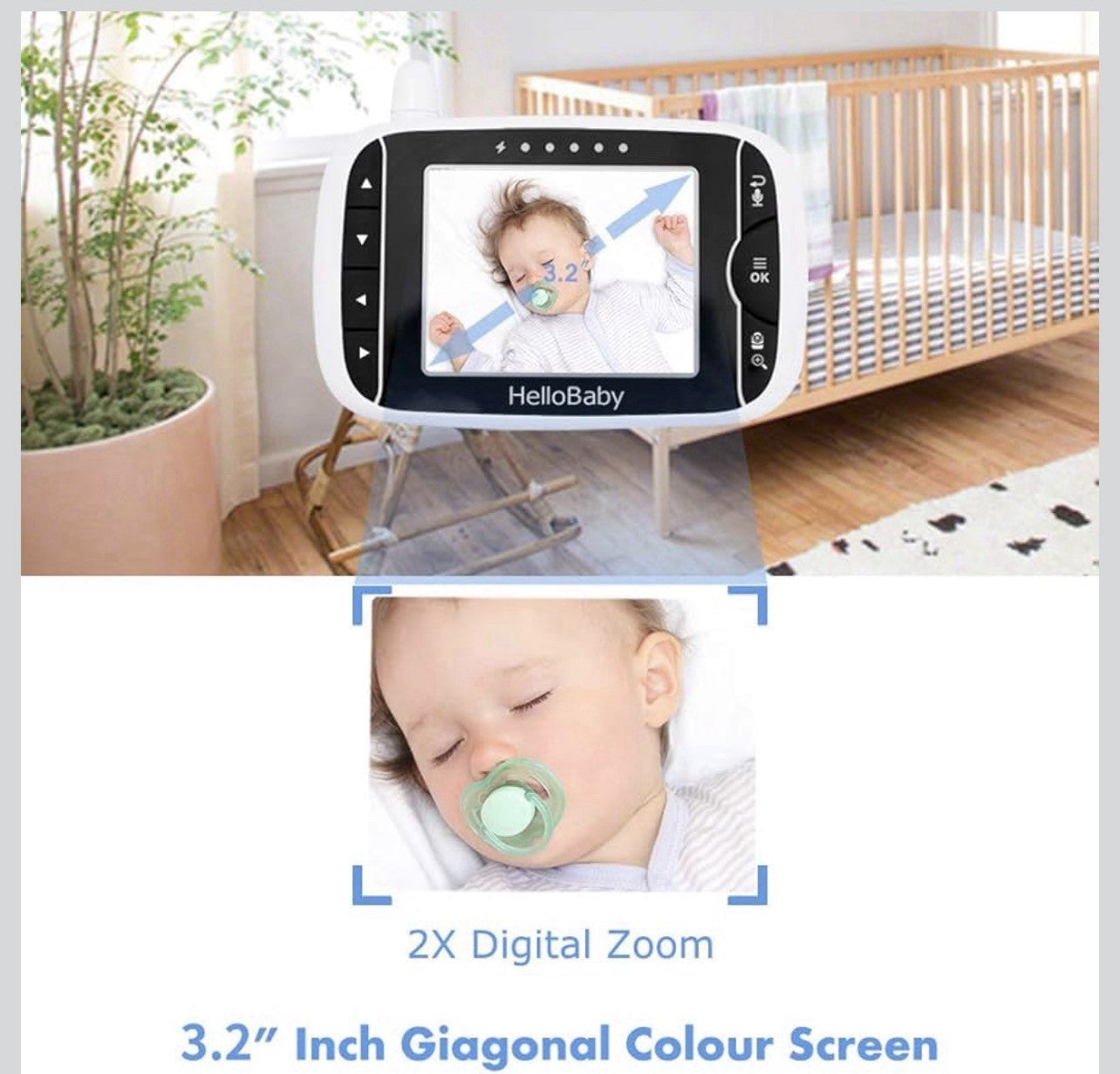 HelloBaby Video Baby Monitor with Remote Camera Pan-Tilt-Zoom, 3.2'' Color6