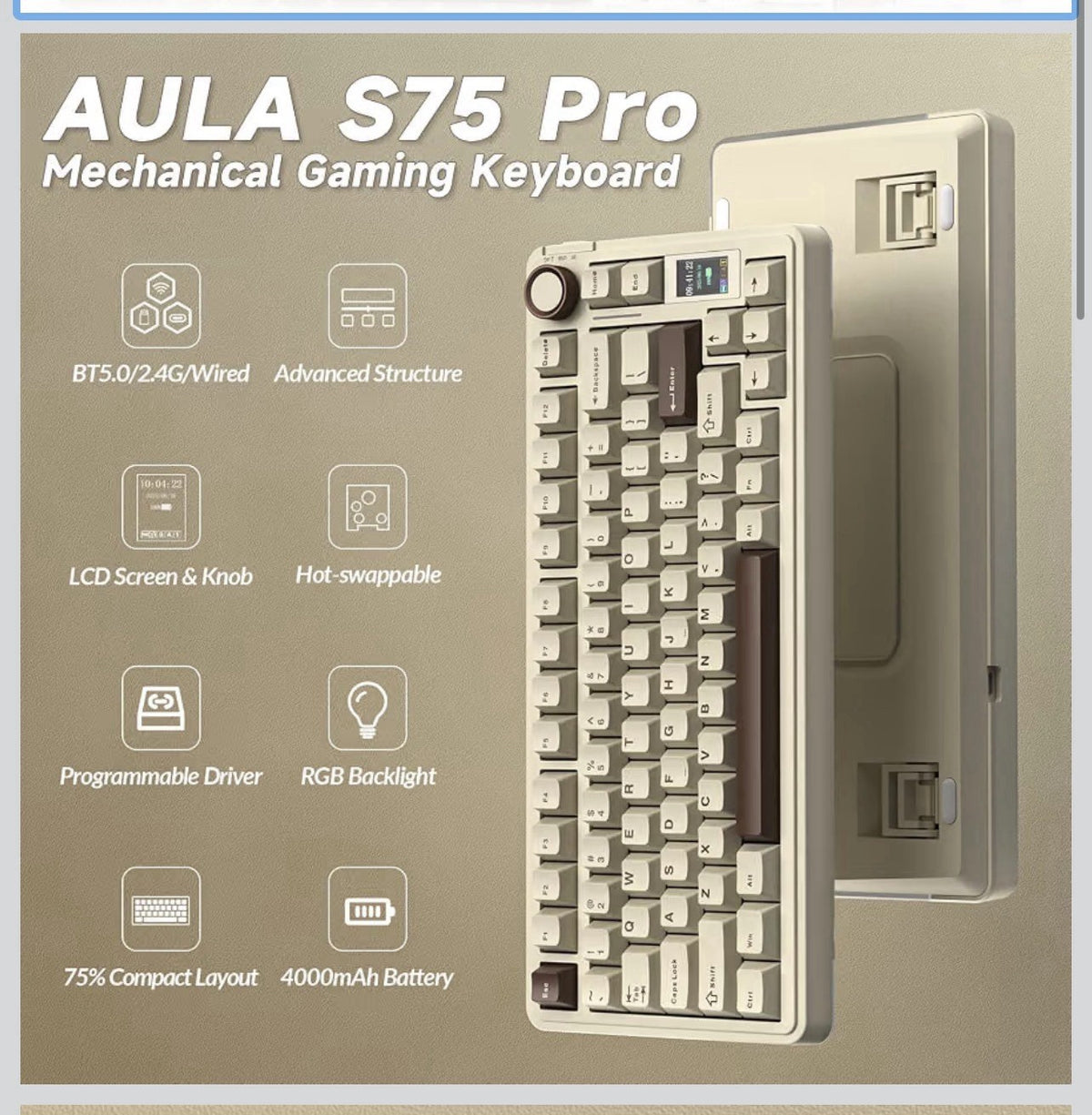 AULA S75 PRO Wireless Mechanical Gaming Keyboard with Screen&Knob, 80 Keys1