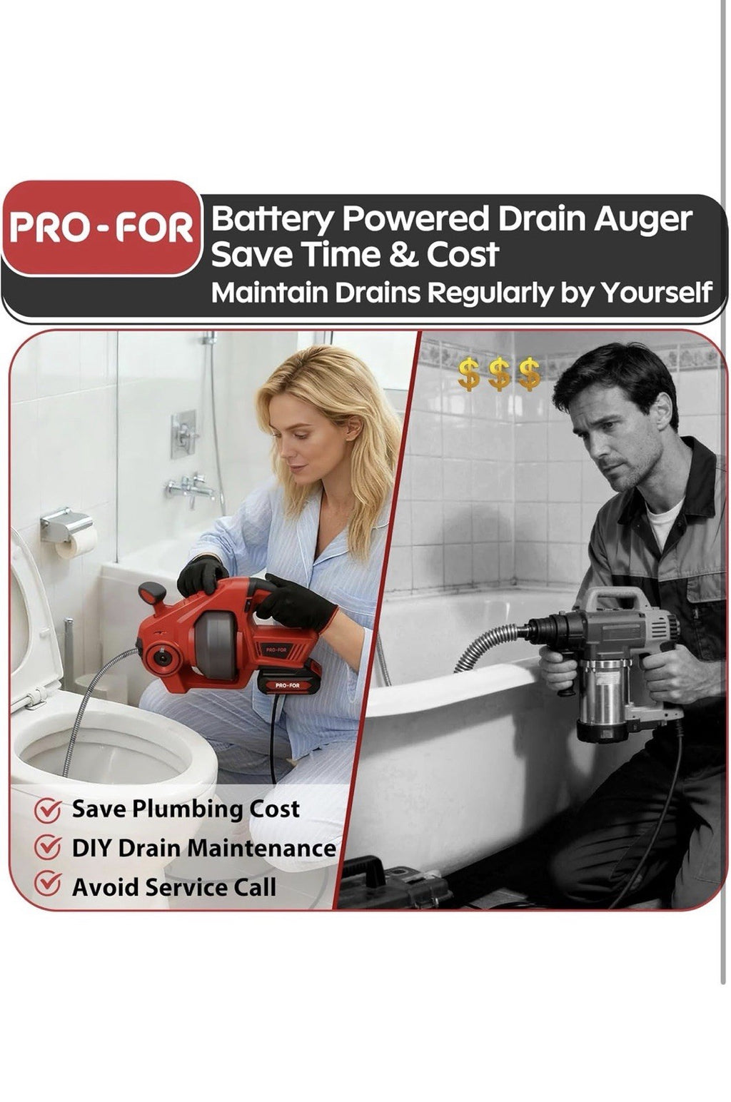 POPULO 20V Cordless Electric Drain Auger-Efficient 25Ft Auto-Feed Drain Snake wi6