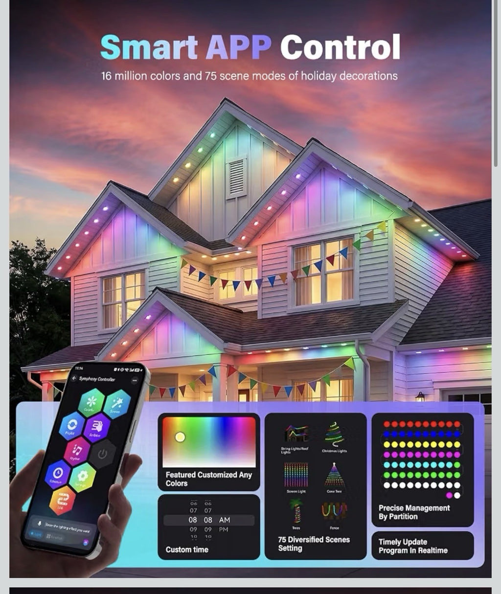 200FT Permanent Outdoor Lights for House, Smart RGB Color Changing Eaves Lights,1