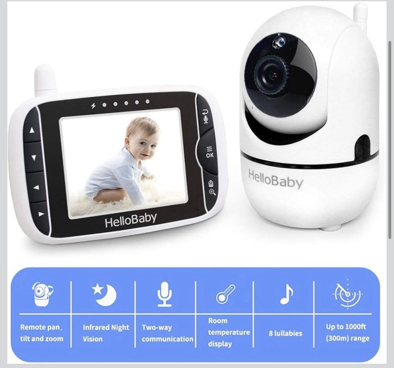 HelloBaby Video Baby Monitor with Remote Camera Pan-Tilt-Zoom, 3.2'' Color1