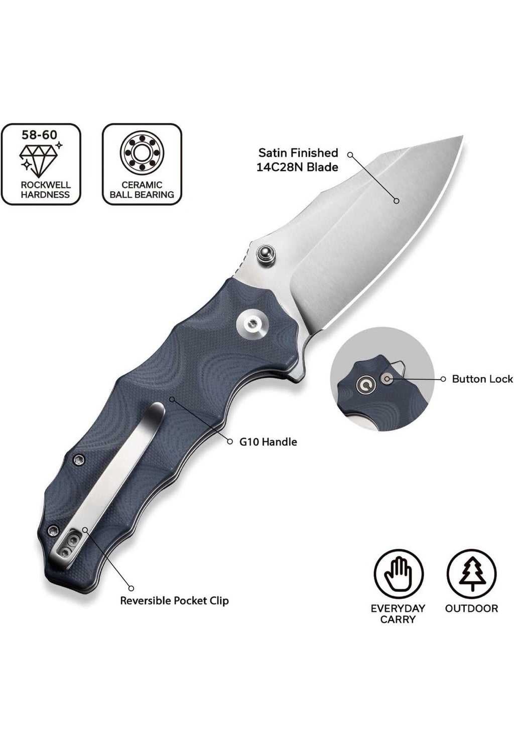 CIVIVI Natterjack - Cuchillo plegable de bolsillo, hoja 14C28N de 3.5