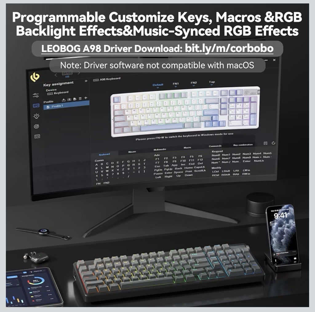 LEOBOG A98 Wireless Gaming Creamy Mechanical Keyboard with Number Pad Knob 96%6