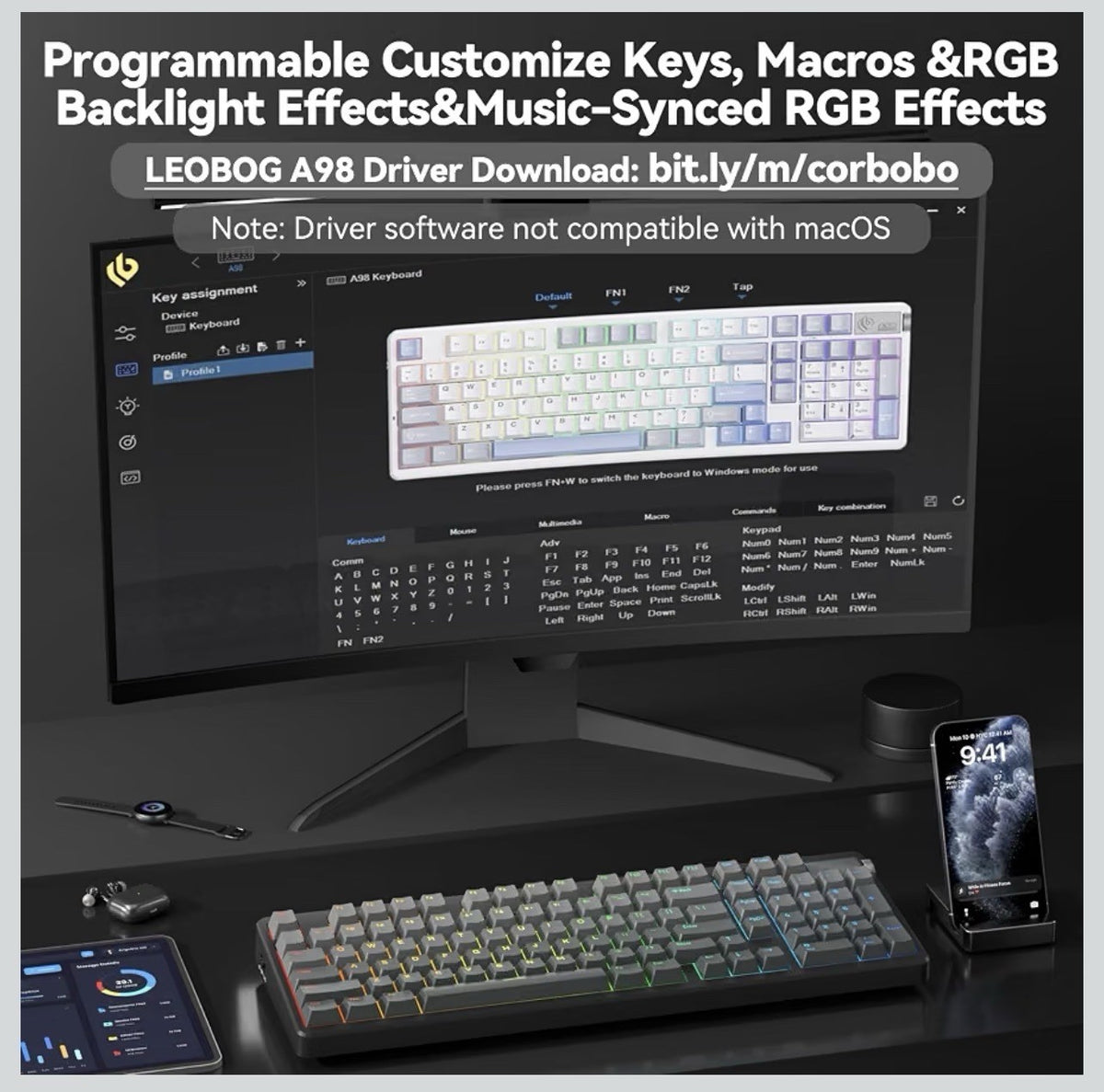 LEOBOG A98 Wireless Gaming Creamy Mechanical Keyboard with Number Pad Knob 96%6