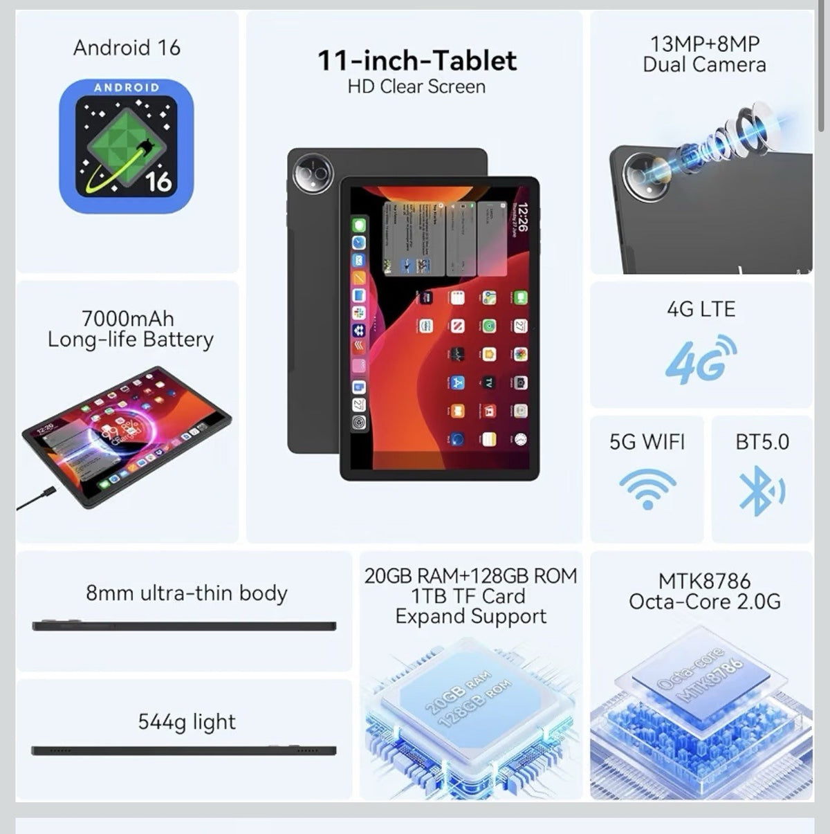 Tablet 11 inch Android 16 Tablet 2026 Latest Update Octa-Core 128GB+2