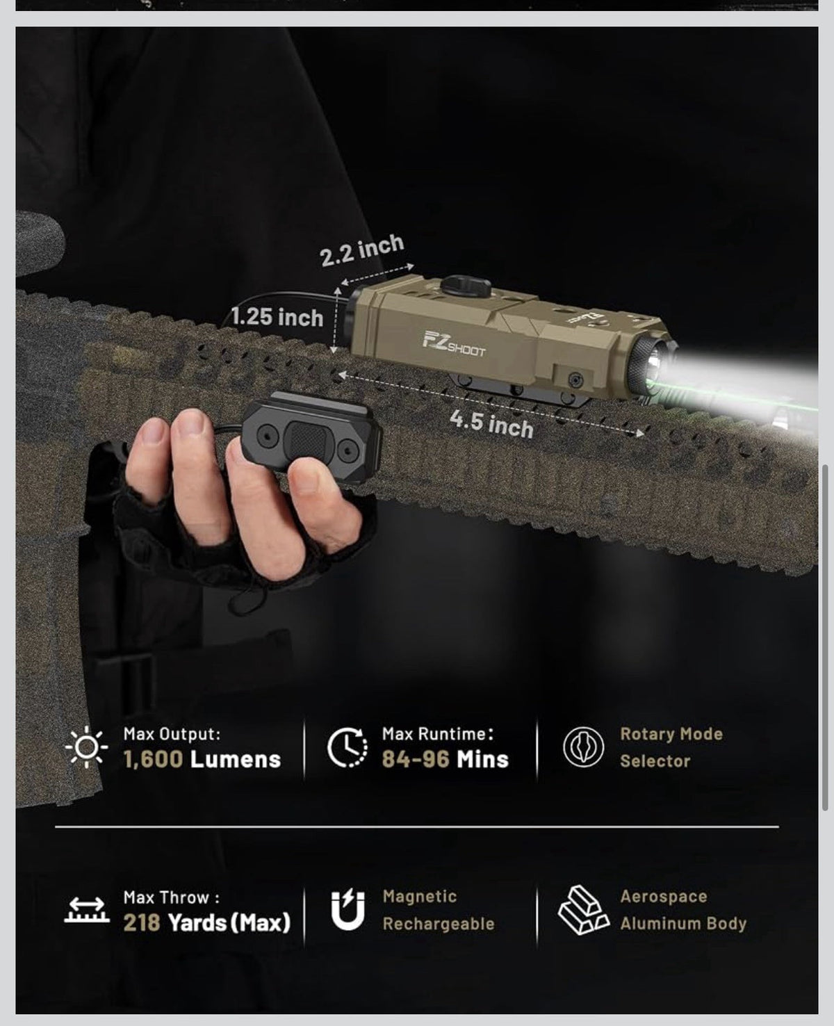 1600 Lumen 3-in-1 Rifle Laser Light Combo, Green/IR Laser, Ar Light **NEW**3