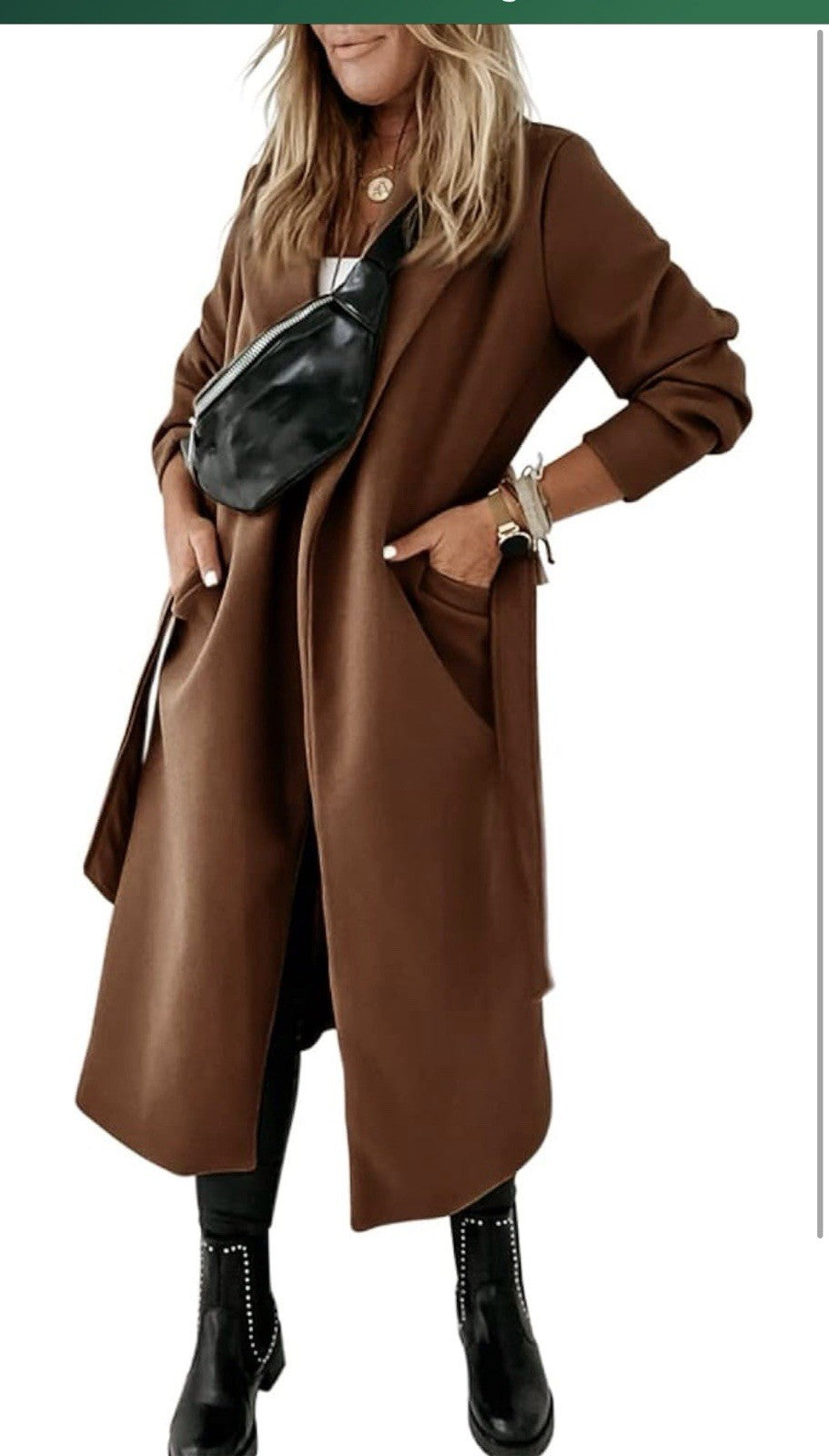 Womens Classic Coat Lapel Collar Open Front Belted Long Jacket3