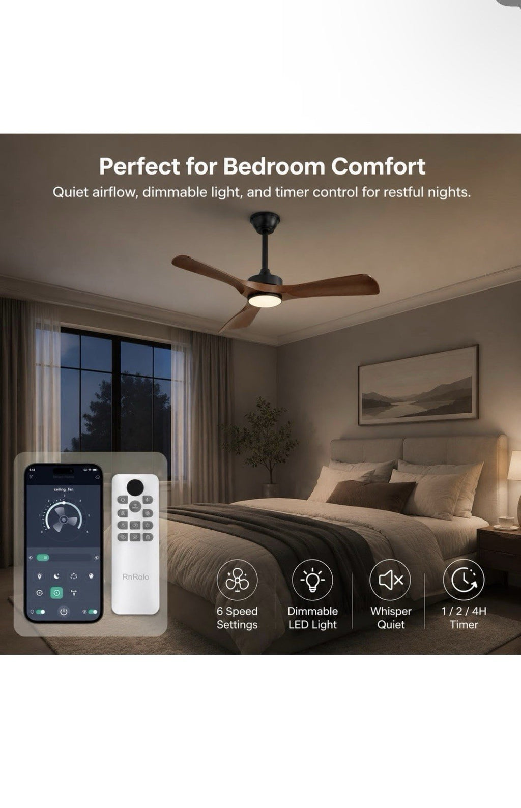 42 Inch Quiet Ceiling Fan with Light, Pure Reversible DC Motor, ABS3