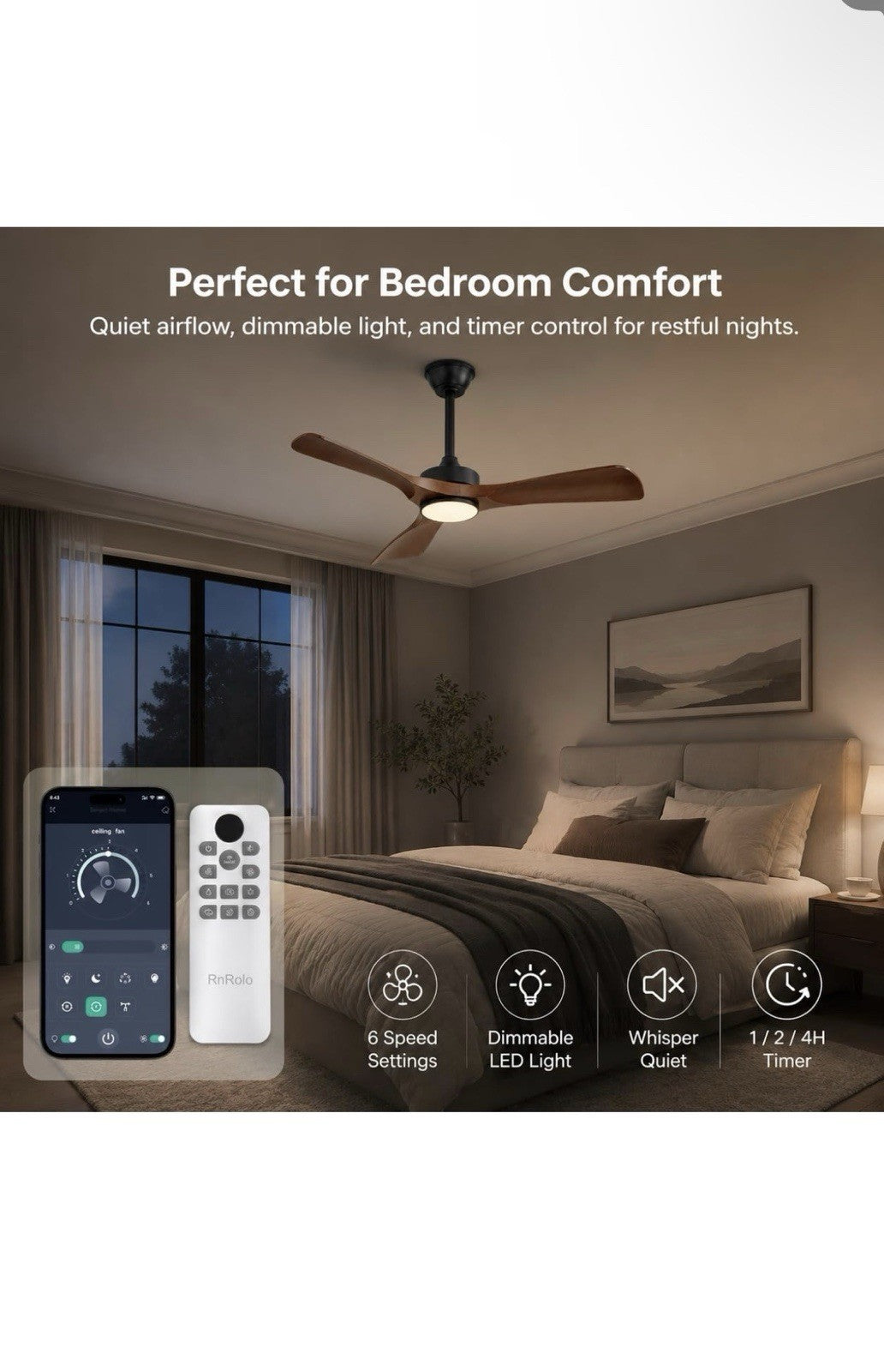42 Inch Quiet Ceiling Fan with Light, Pure Reversible DC Motor, ABS3