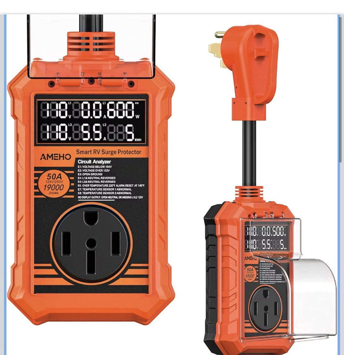 RV Surge Protector 50 Amp, 19000J with Smart Auto Shutoff – Waterproof – LED Lar0