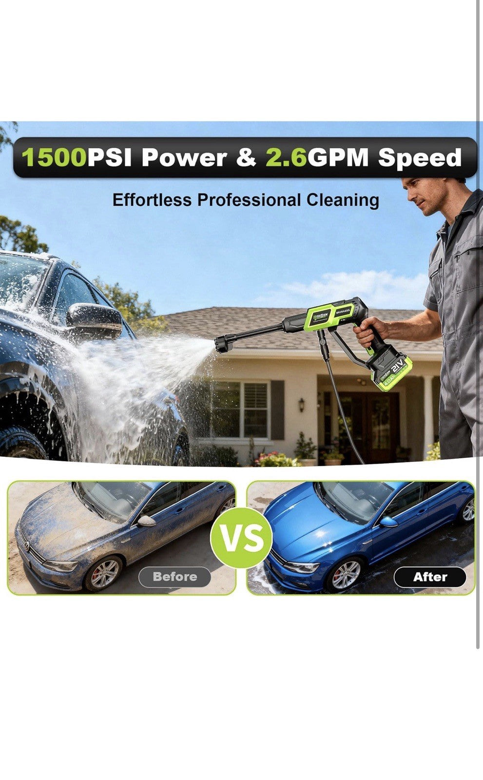 Cordless Pressure Washer - 1500PSI 2.6GPM, 400W Brushless Motor, 2X4000Mah Batte2