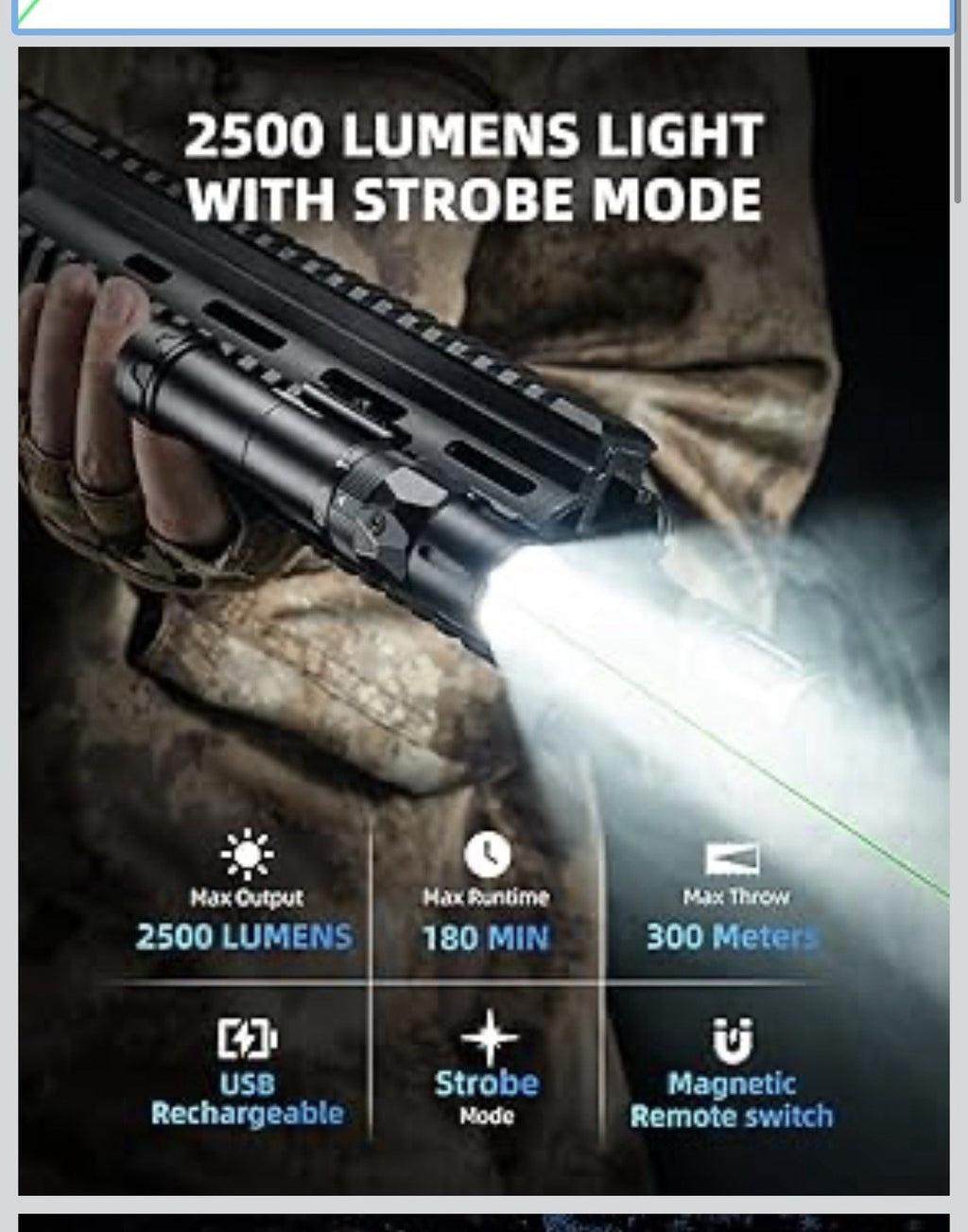 2500 Lumens Rifle Laser Light Combo Compatible with M-Rail, Rechargeable1