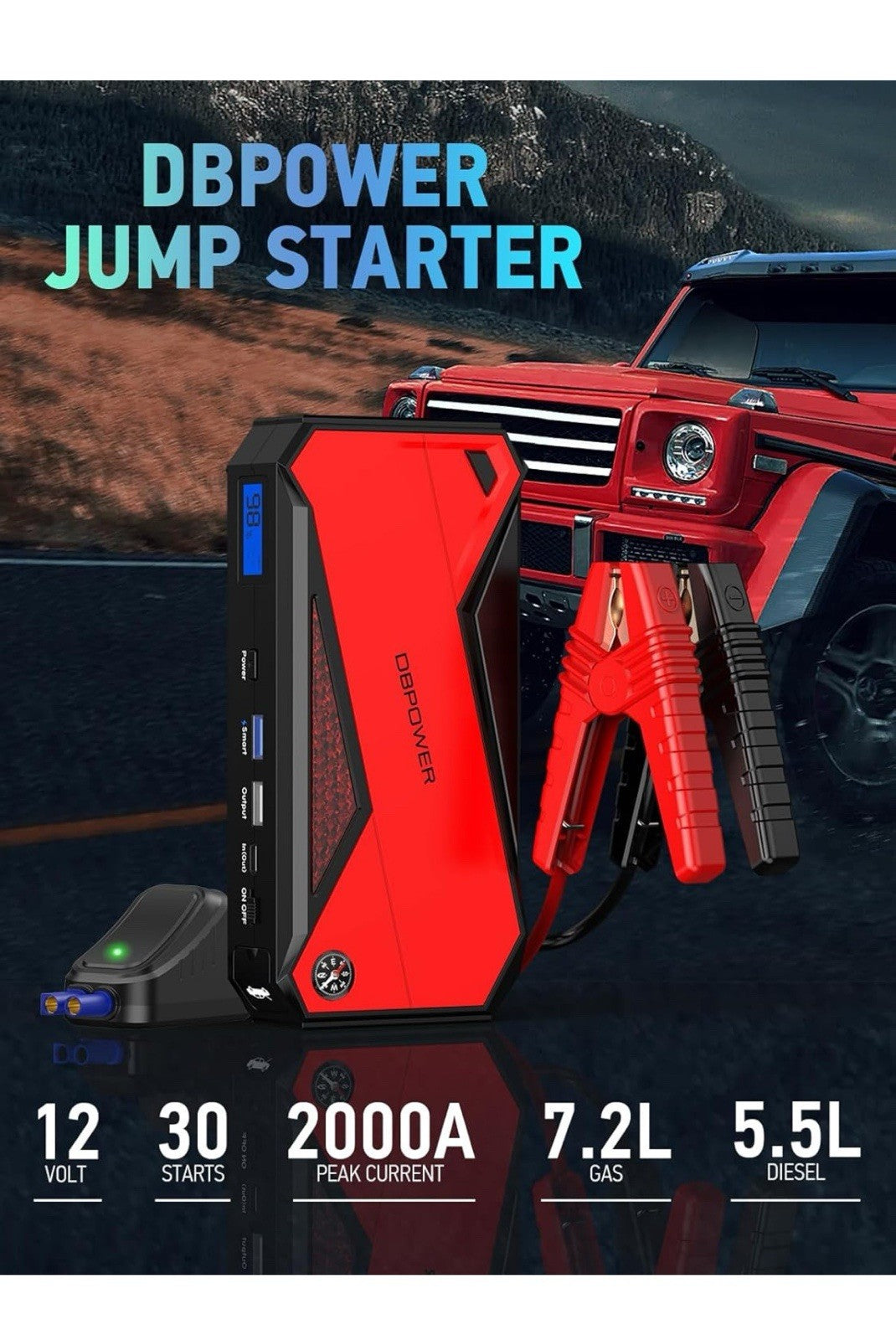DBPOWER Arrancador portátil de 1600 A, 18000 mAh (motor de gasolina de hasta 7.21