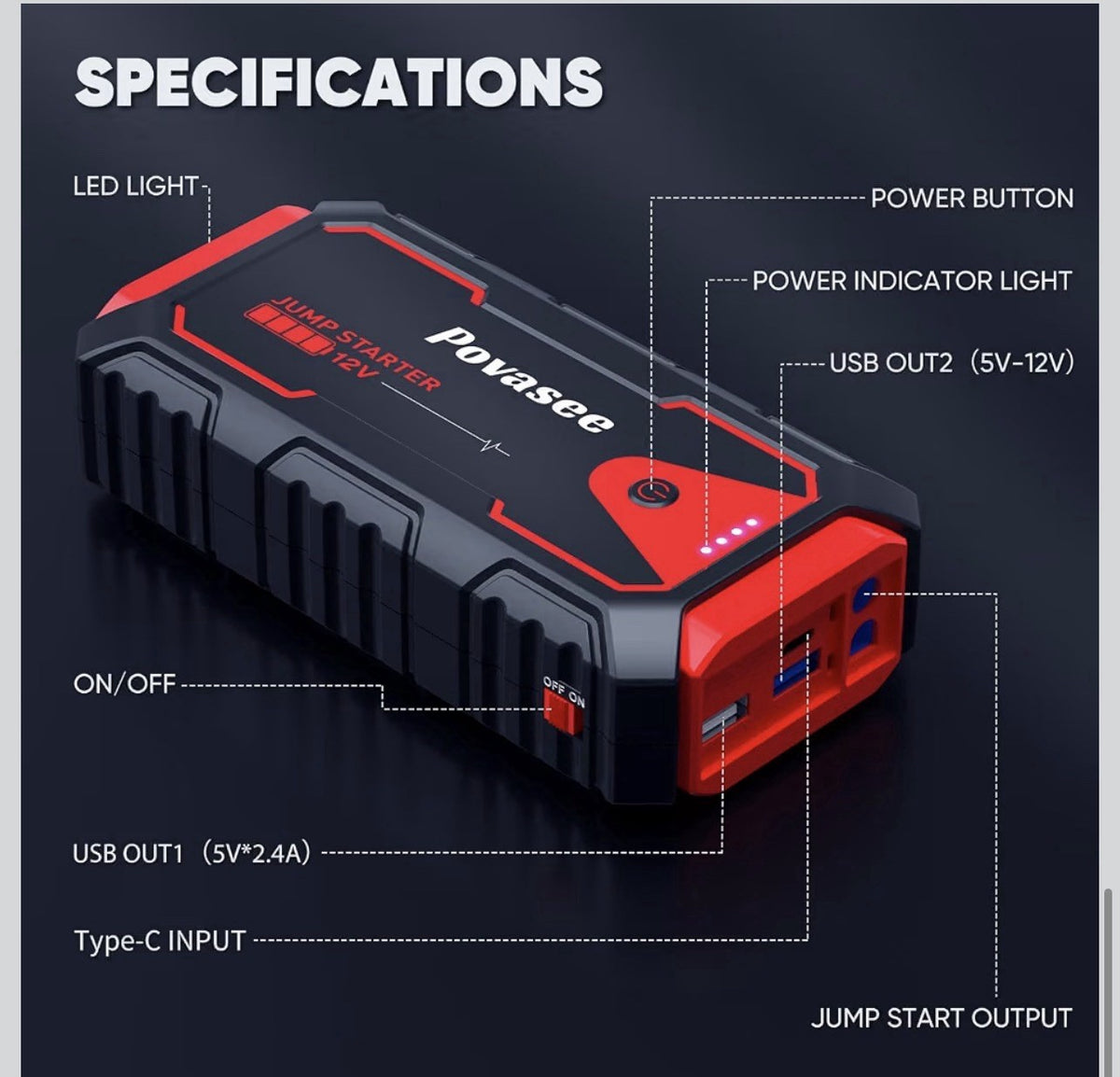 Povasee Jump Starter 5000A Car Jumper Starter, Model A30 12V Jump Box for Car6