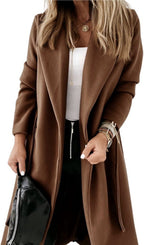 Womens Classic Coat Lapel Collar Open Front Belted Long Jacket0