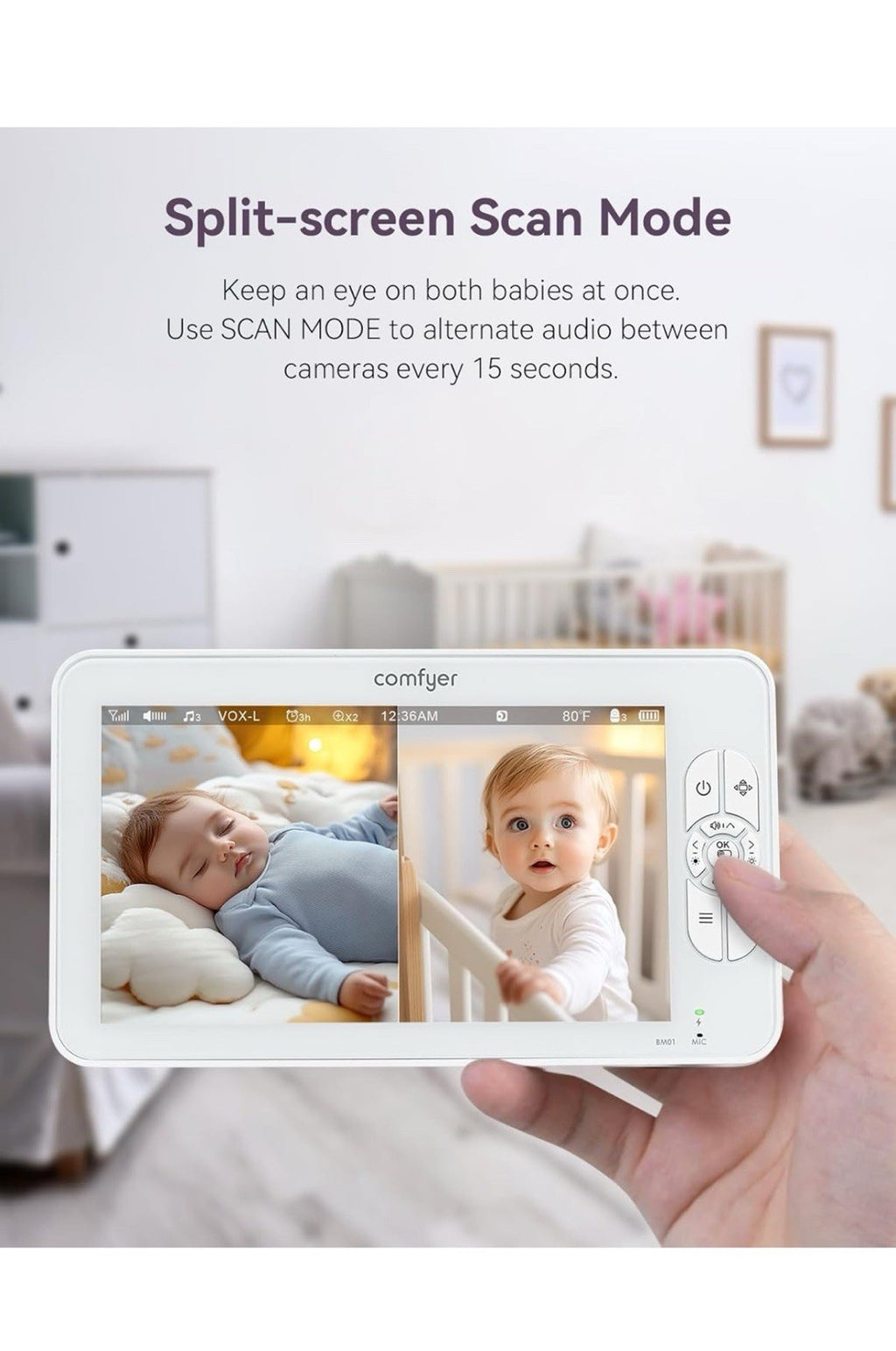 7" Split-Screen Baby Monitor with 2 1080P Cameras, 720P HD No Wifi Monitor with2