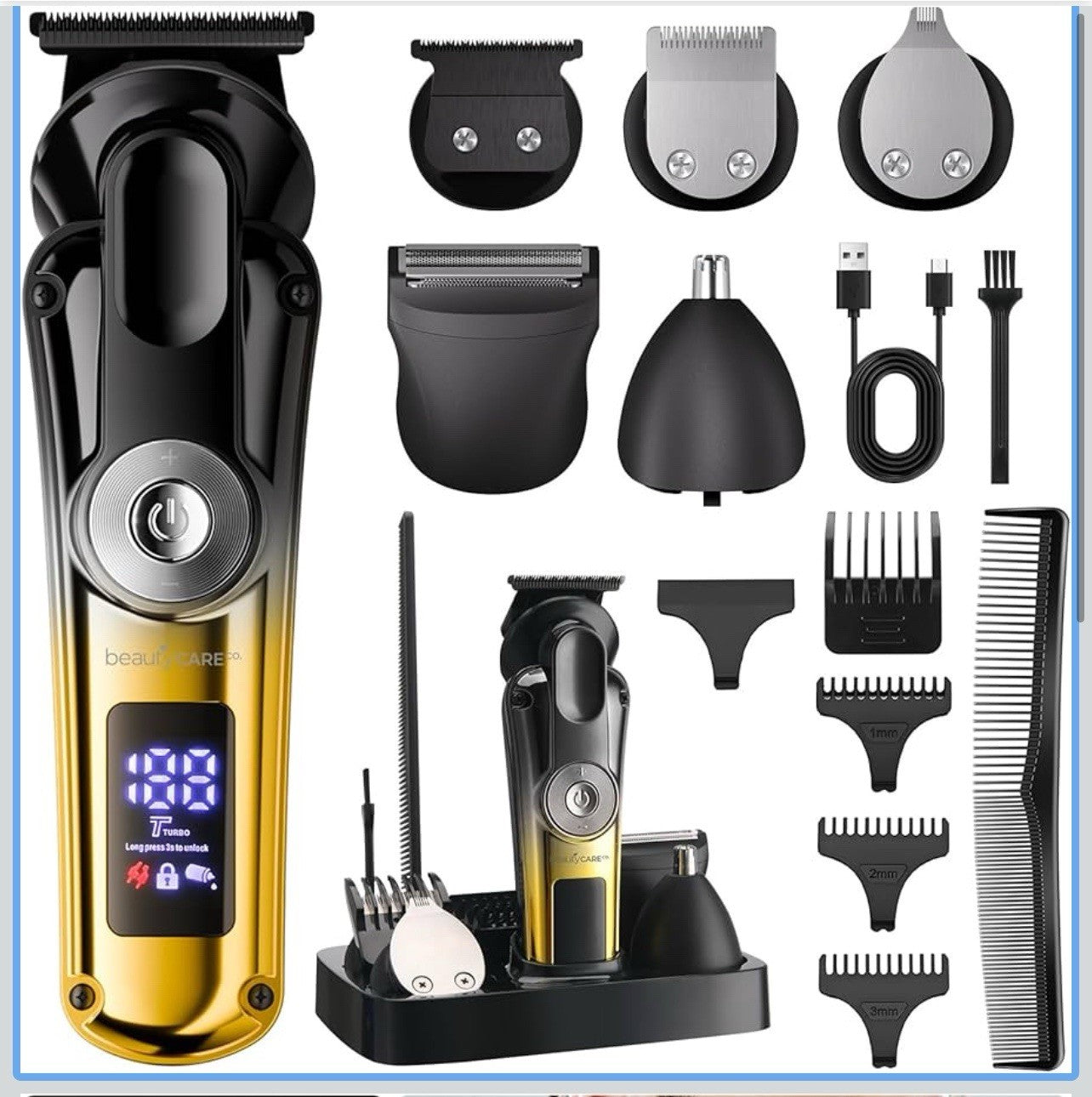 Kit profesional de aseo todo en uno para hombres, recortadora de barba ajustable0