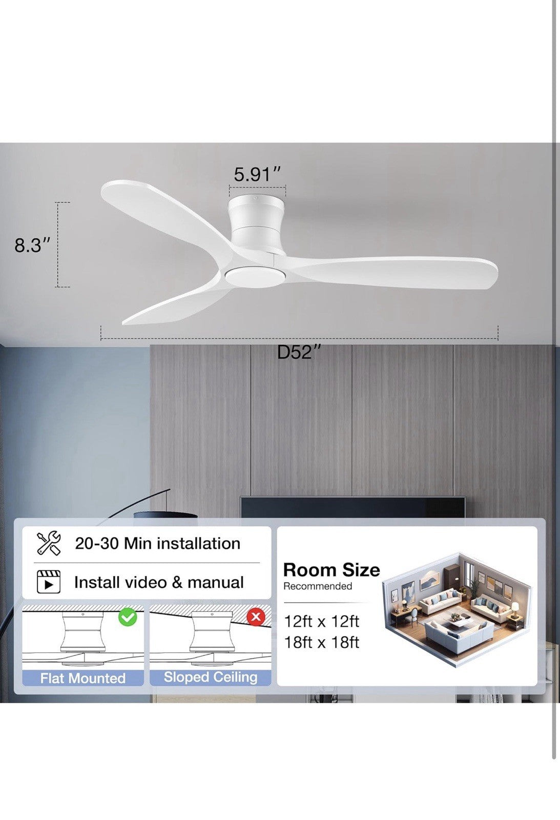 Haiku Home L Series 52" Smart Ceiling Fan Wi-Fi Indoor LED Light White with1