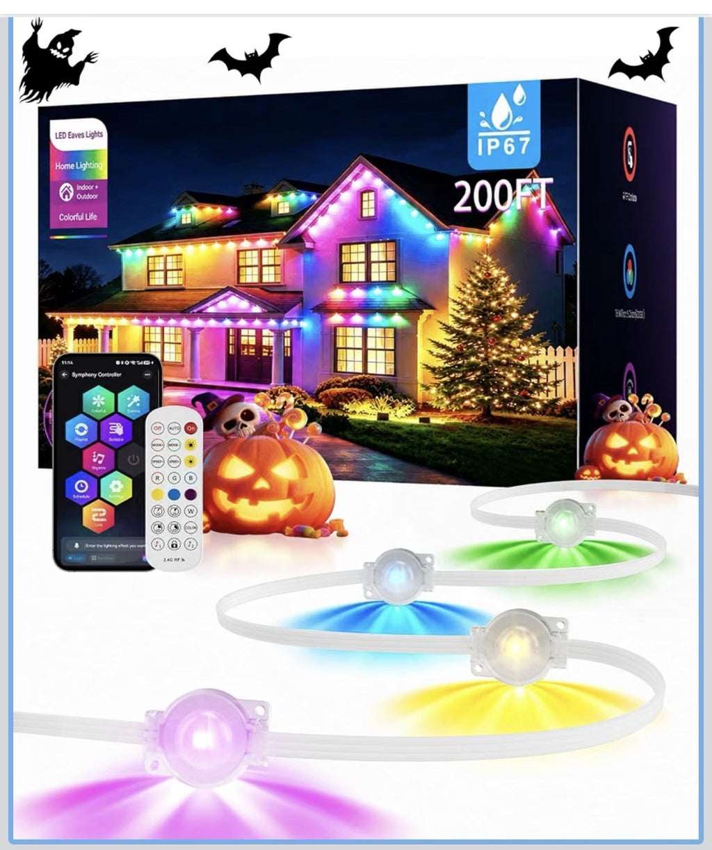 200FT Permanent Outdoor Lights for House, Smart RGB Color Changing Eaves Lights,0