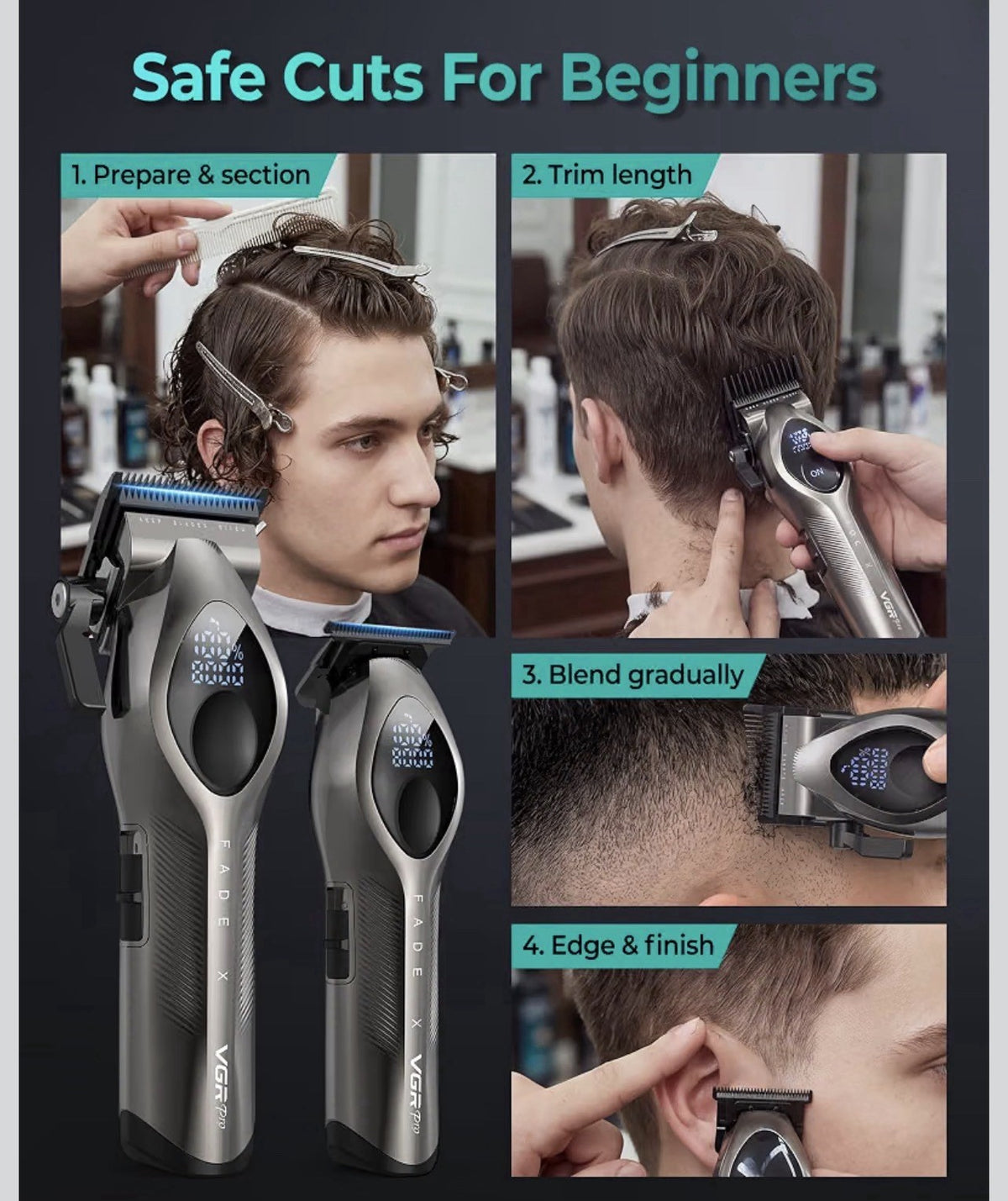 Cordless Hair Clipper Trimmer Set 9 Guide Combs Fade Blade USB-C Rechargeable7
